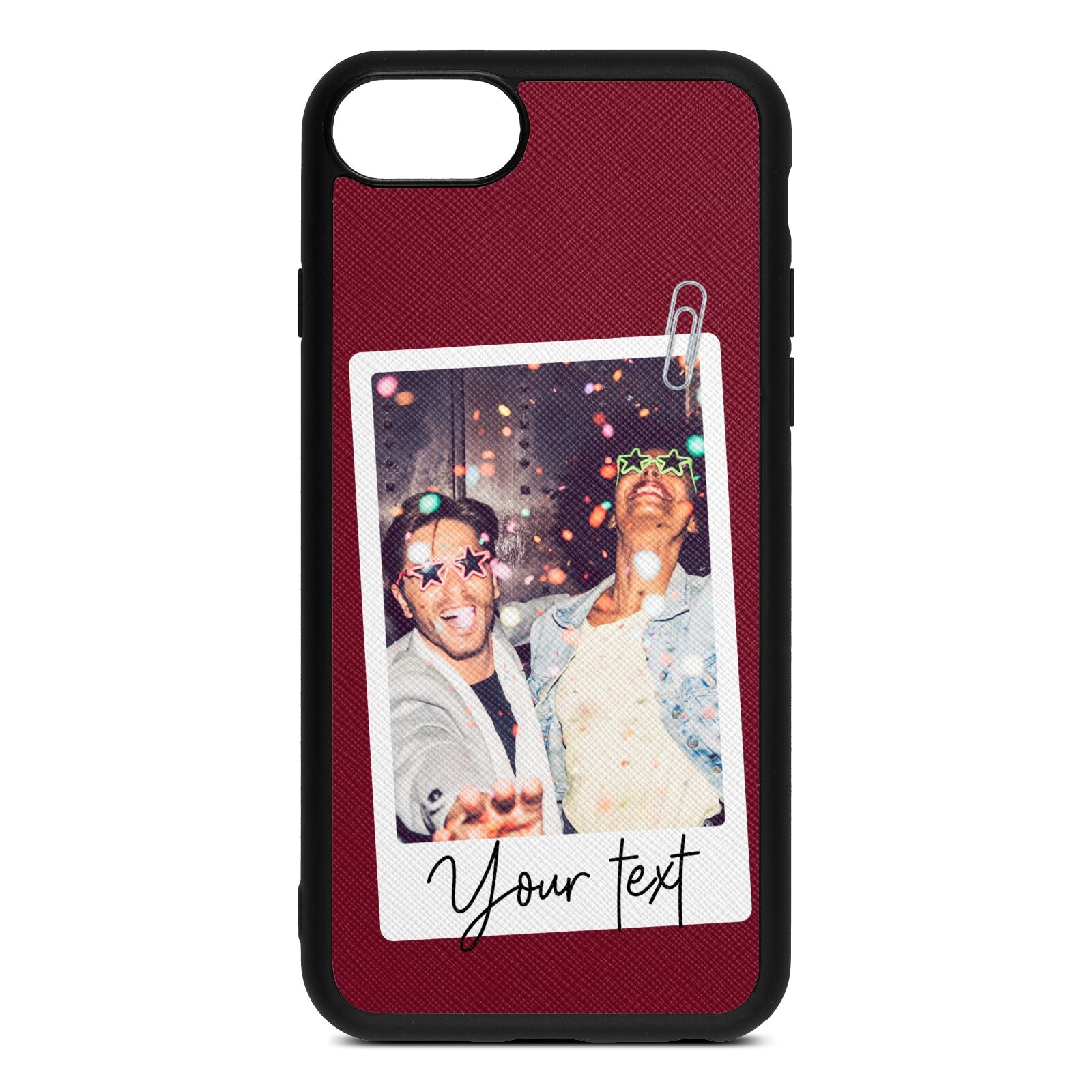 Personalised Photo with Text Wine Red Saffiano Leather iPhone 8 Case