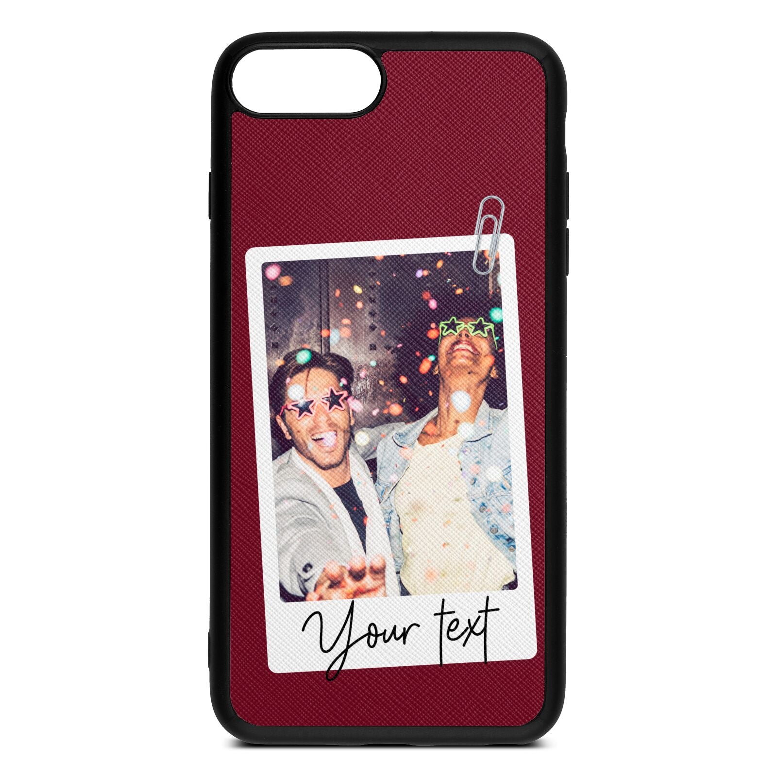 Personalised Photo with Text Wine Red Saffiano Leather iPhone 8 Plus Case