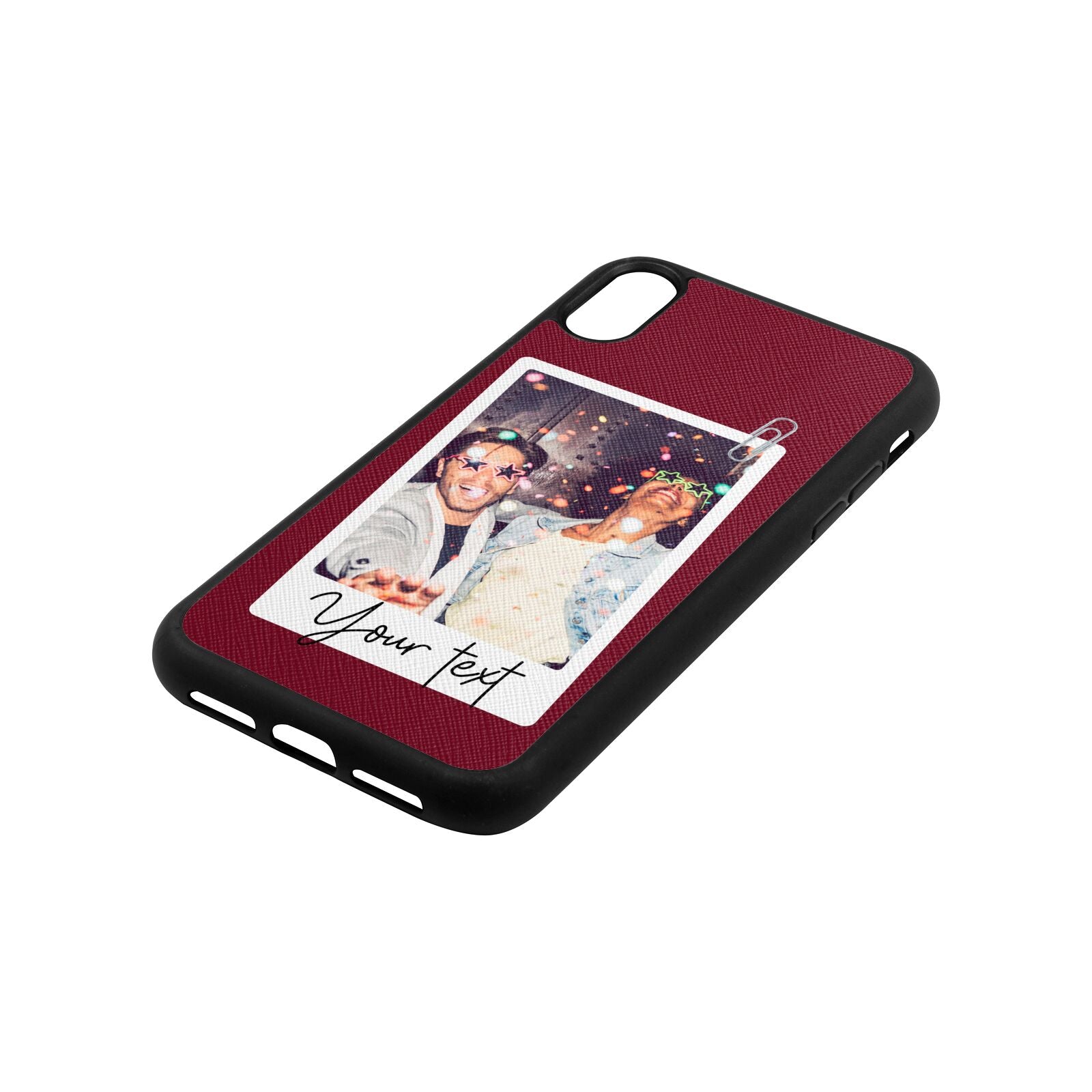 Personalised Photo with Text Wine Red Saffiano Leather iPhone Xr Case Side Angle
