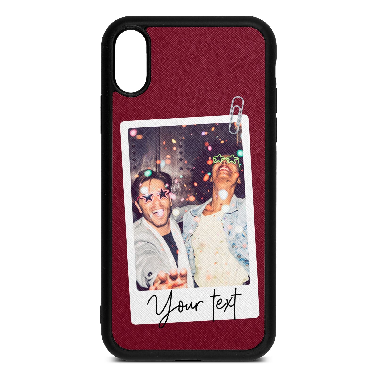 Personalised Photo with Text Wine Red Saffiano Leather iPhone Xr Case