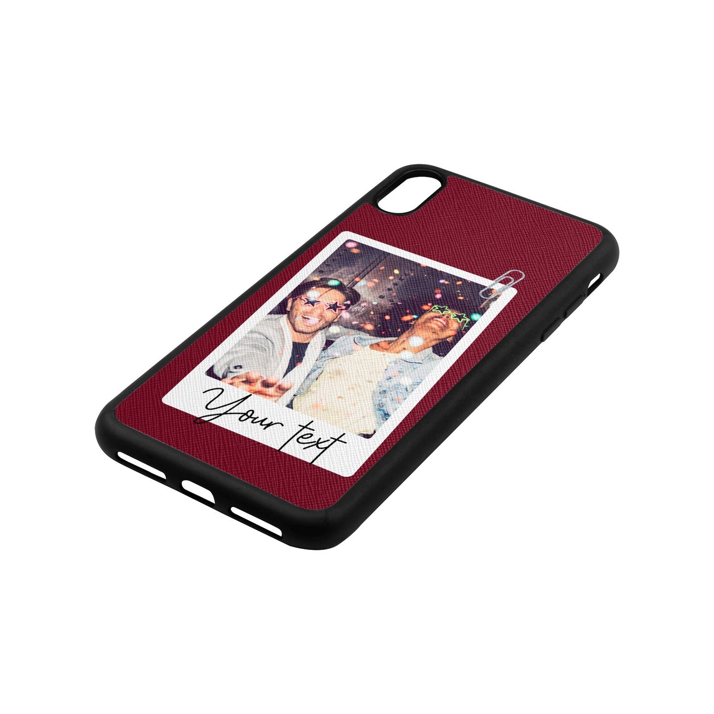 Personalised Photo with Text Wine Red Saffiano Leather iPhone Xs Max Case Side Angle