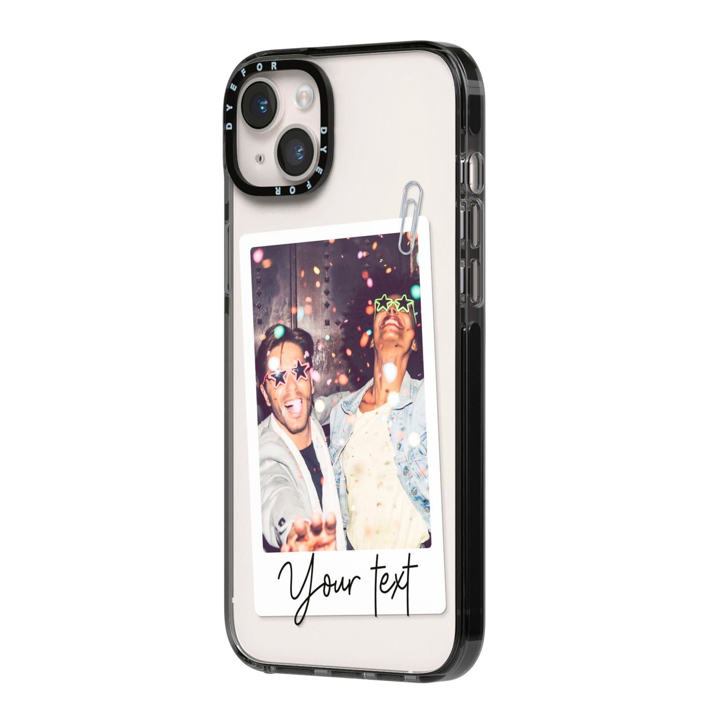 Personalised Photo with Text iPhone 14 Plus Black Impact Case Side Angle on Silver phone
