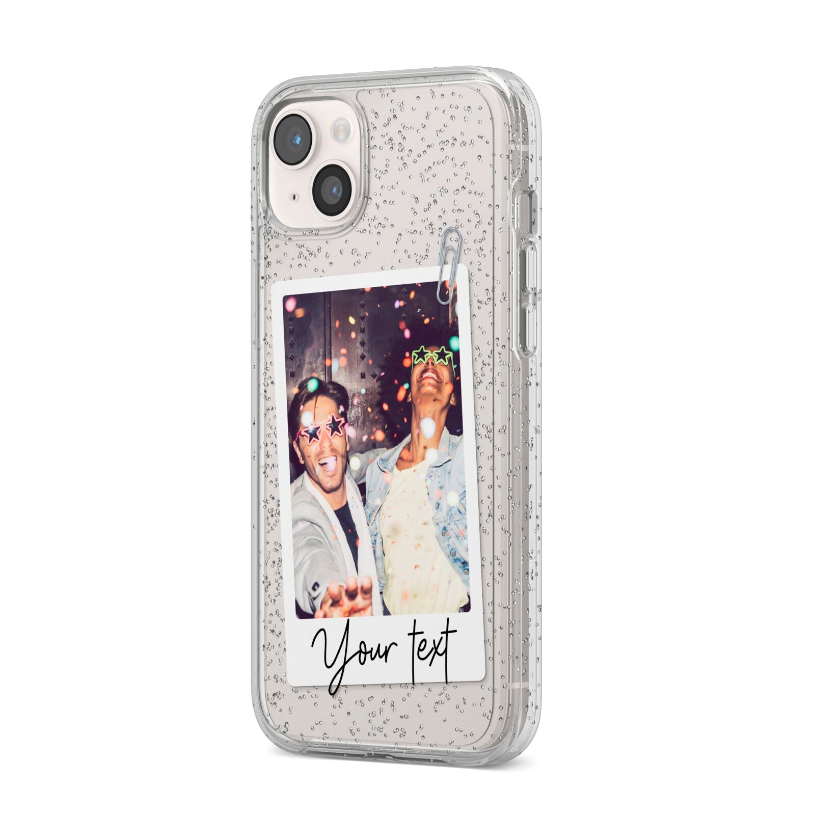 Personalised Photo with Text iPhone 14 Plus Glitter Tough Case Starlight Angled Image