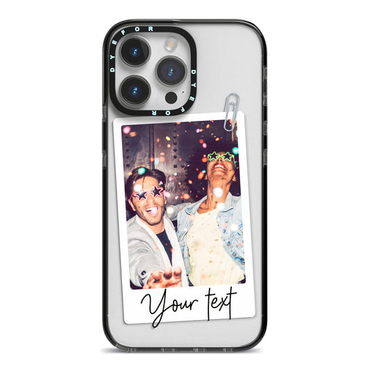 Personalised Photo with Text iPhone 14 Pro Max Black Impact Case on Silver phone