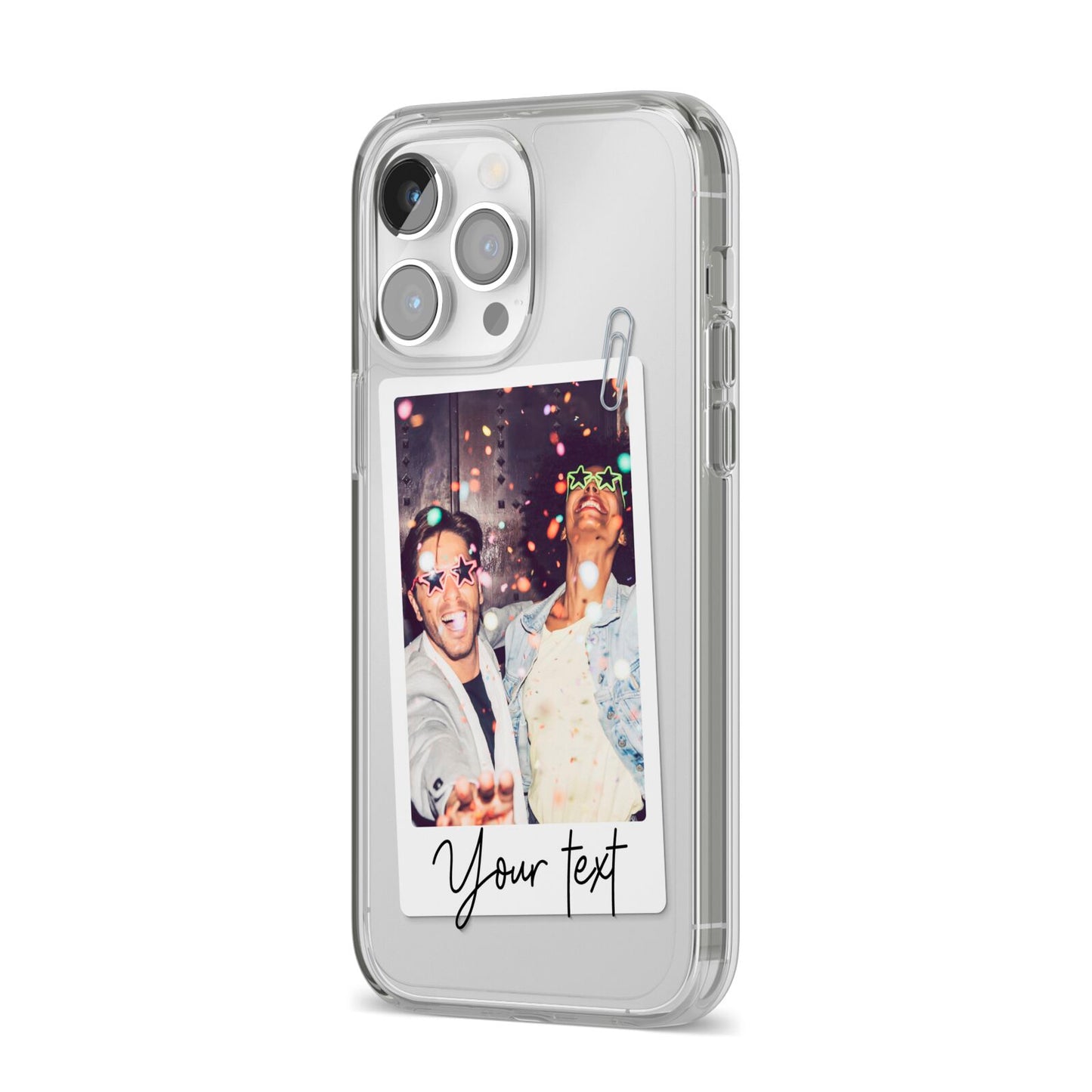 Personalised Photo with Text iPhone 14 Pro Max Clear Tough Case Silver Angled Image