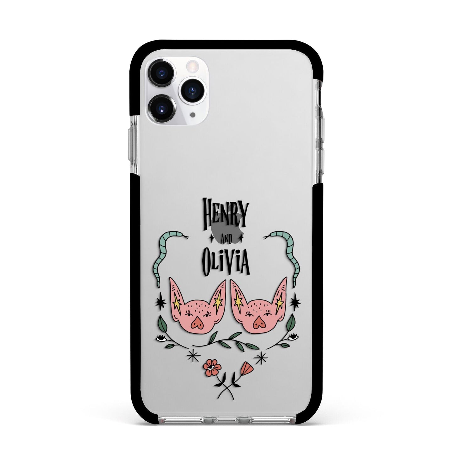 Personalised Piggies Apple iPhone 11 Pro Max in Silver with Black Impact Case