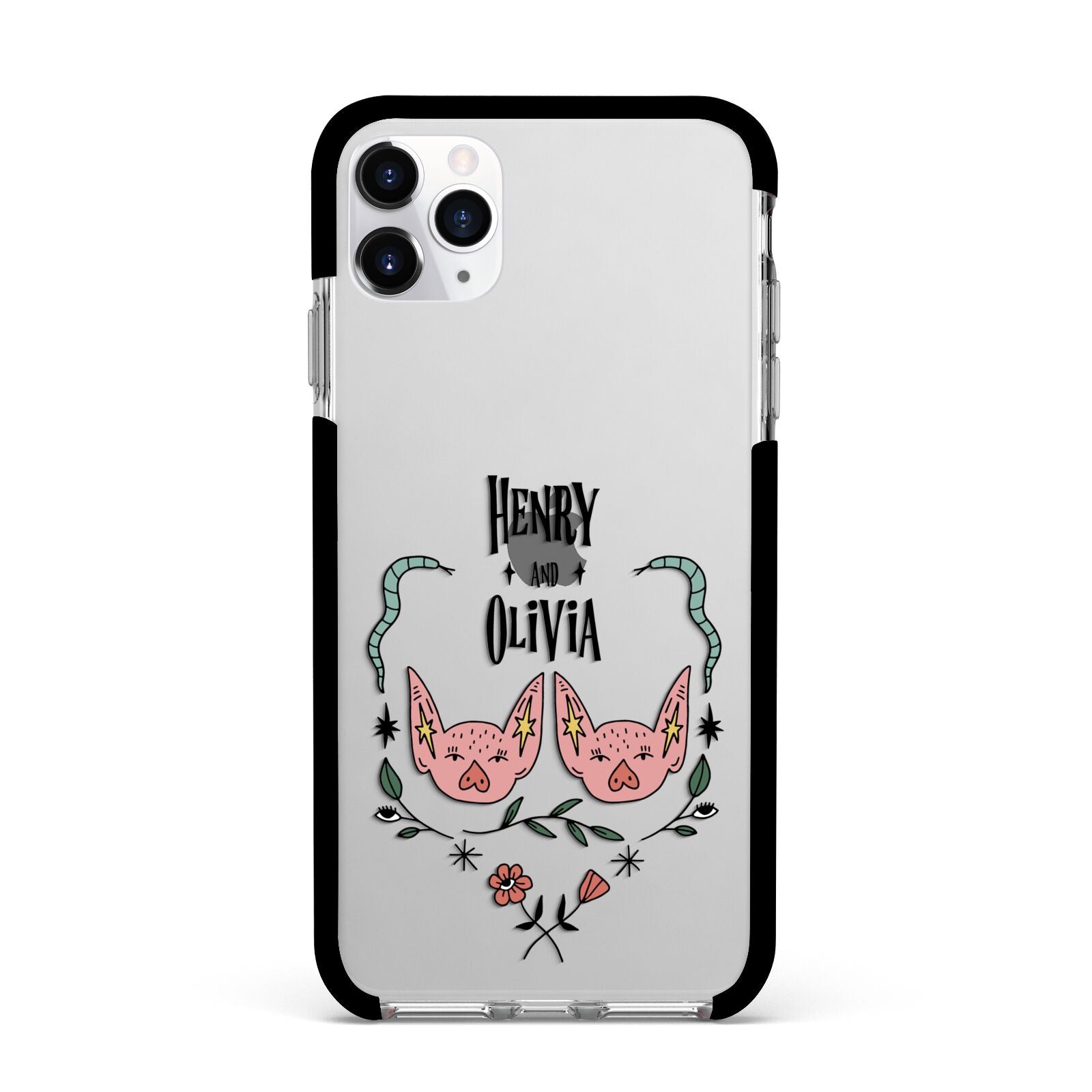 Personalised Piggies Apple iPhone 11 Pro Max in Silver with Black Impact Case
