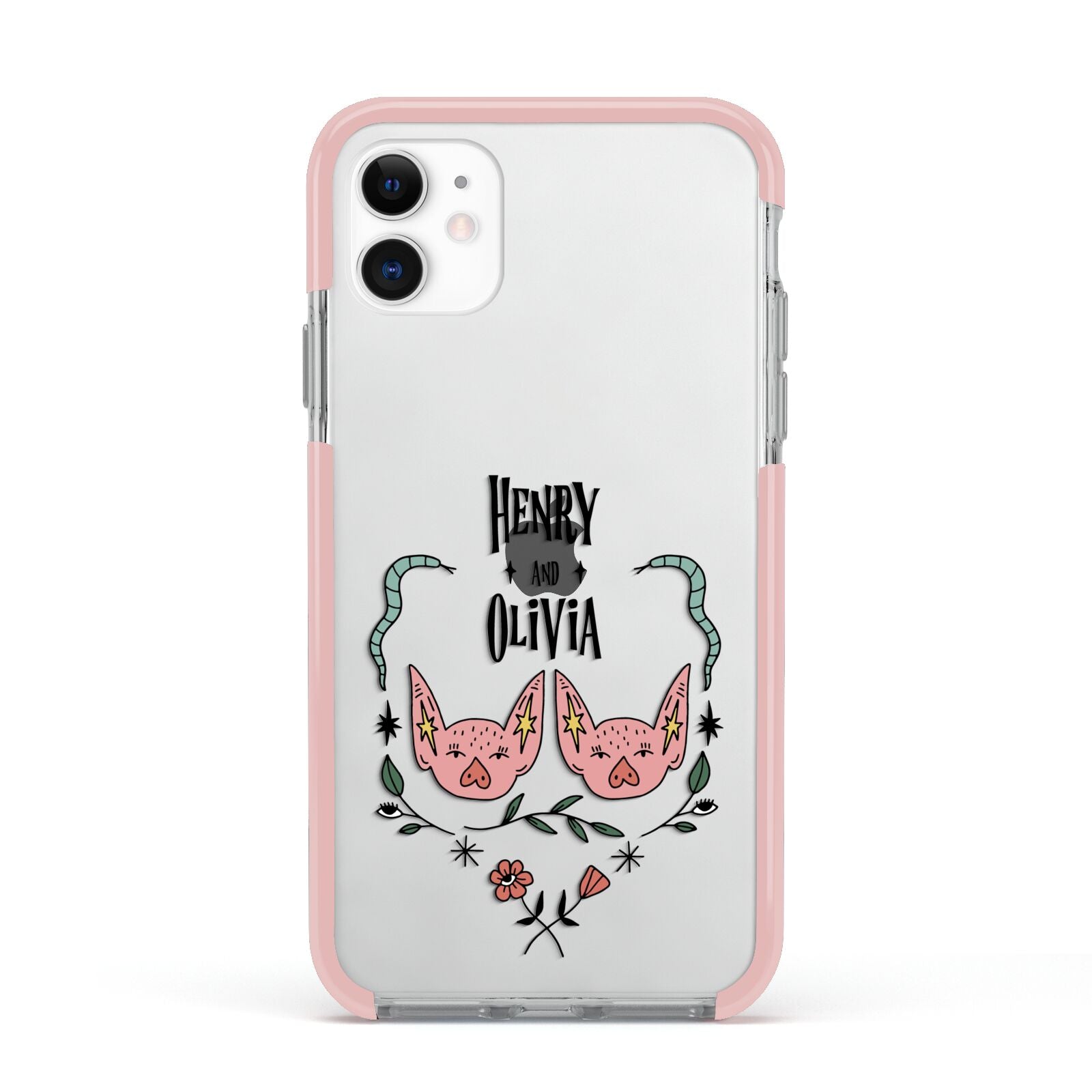Personalised Piggies Apple iPhone 11 in White with Pink Impact Case