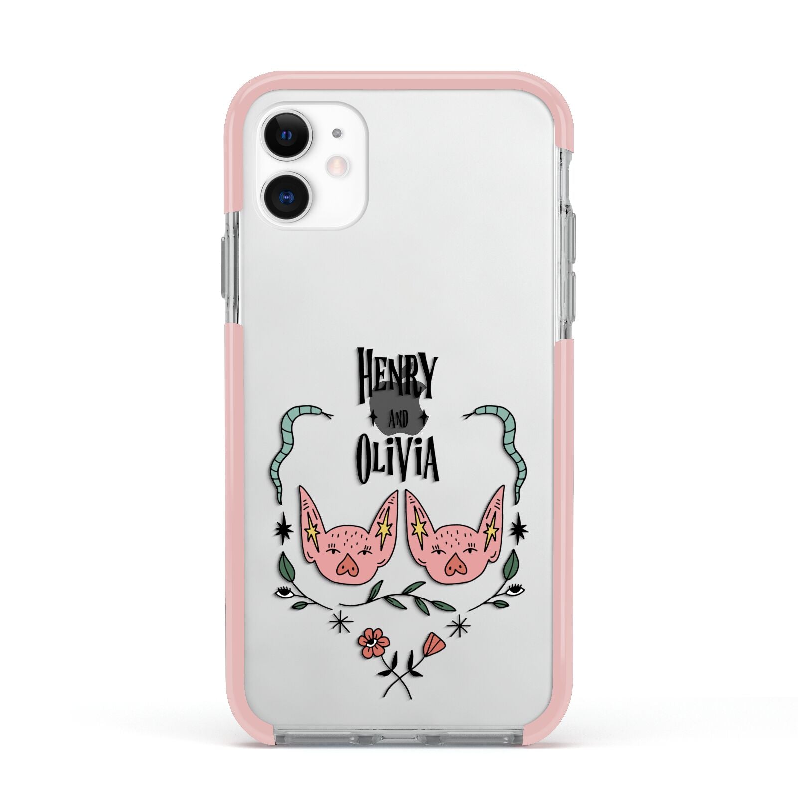 Personalised Piggies Apple iPhone 11 in White with Pink Impact Case