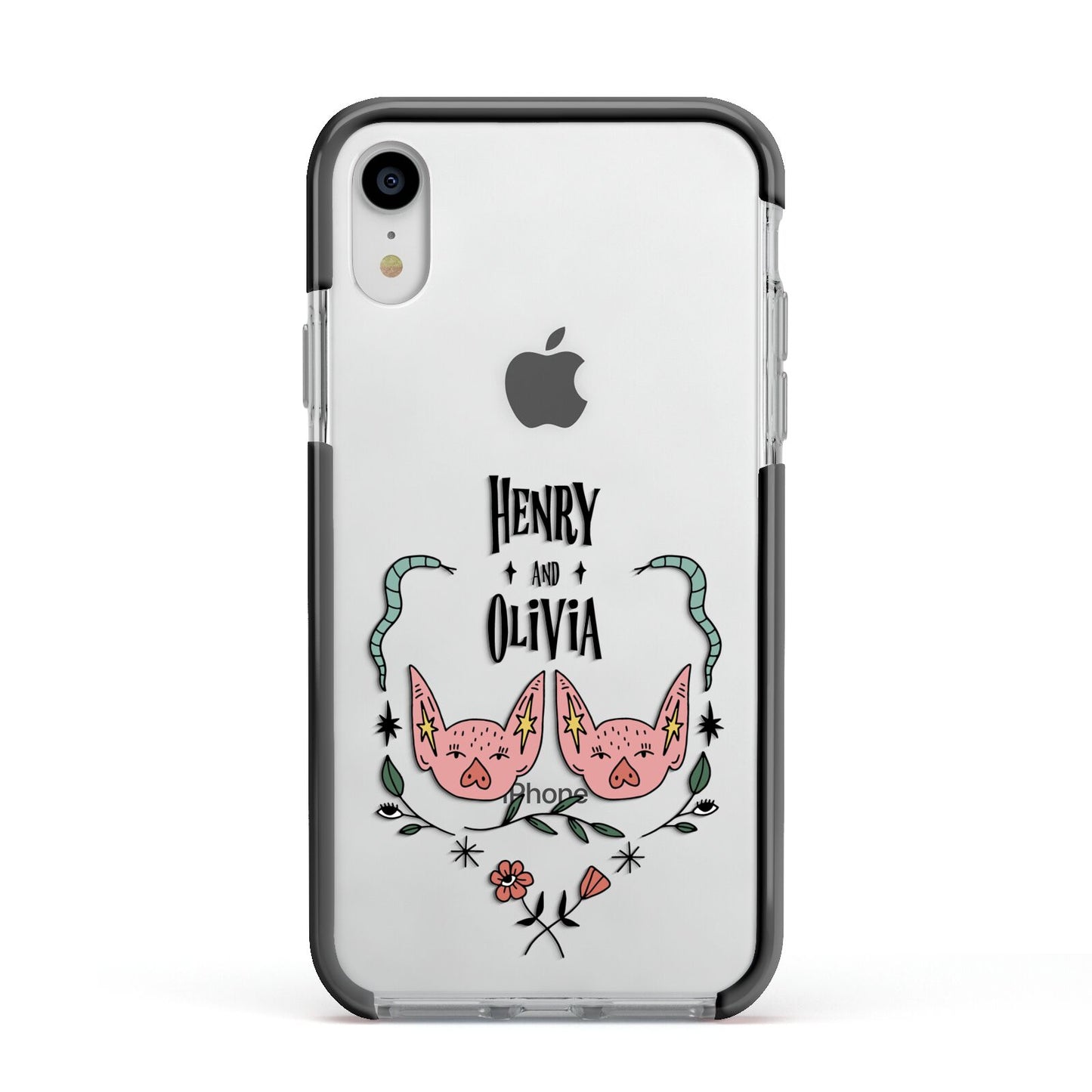 Personalised Piggies Apple iPhone XR Impact Case Black Edge on Silver Phone