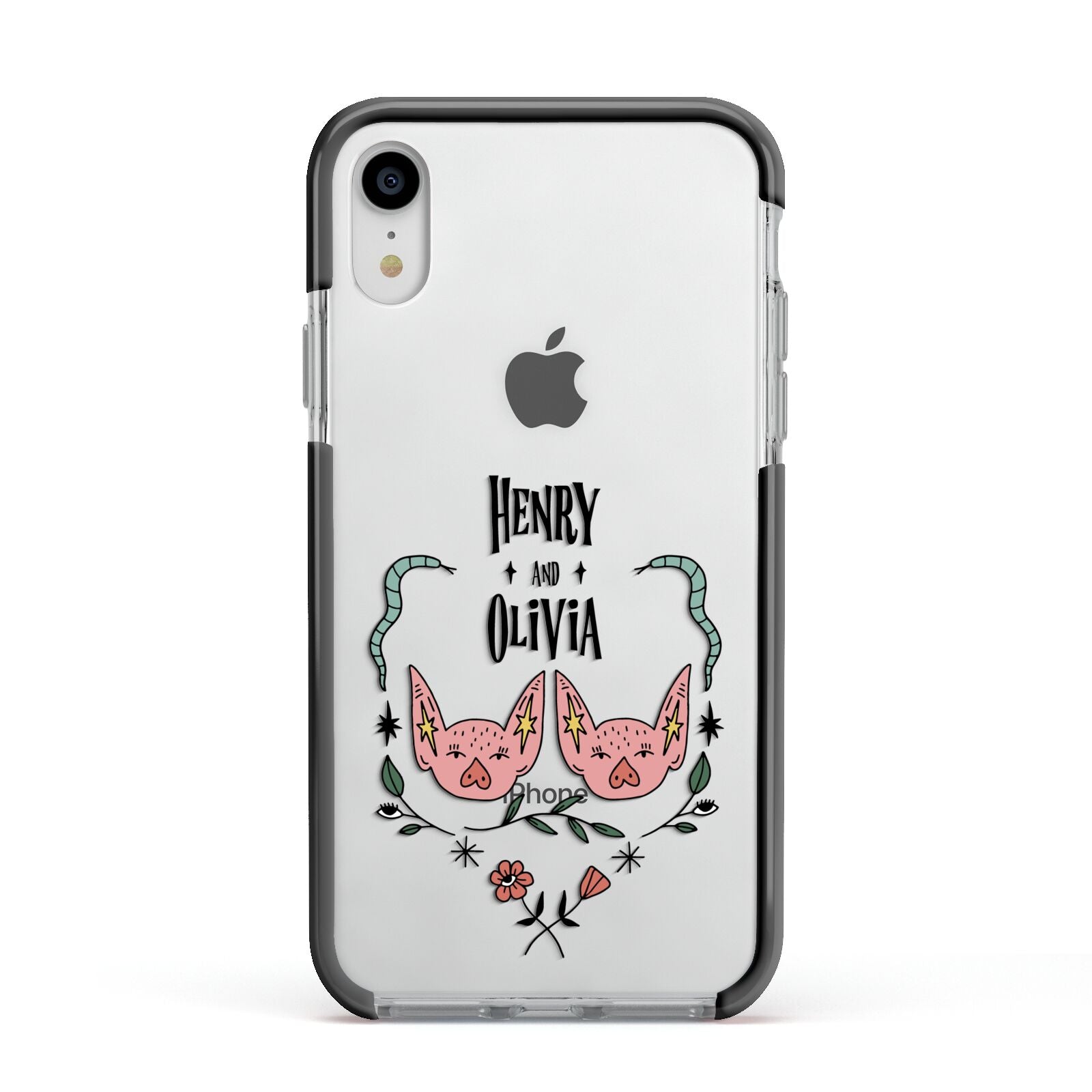 Personalised Piggies Apple iPhone XR Impact Case Black Edge on Silver Phone