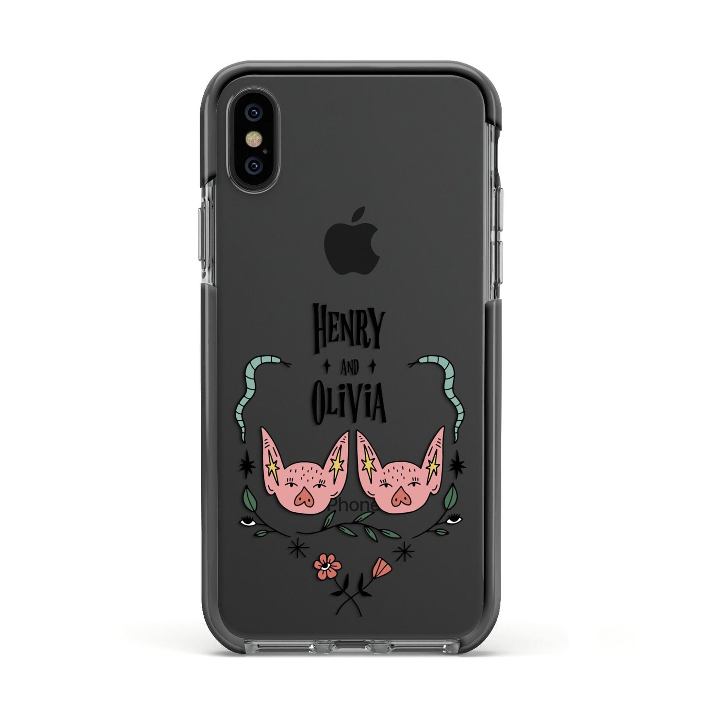 Personalised Piggies Apple iPhone Xs Impact Case Black Edge on Black Phone