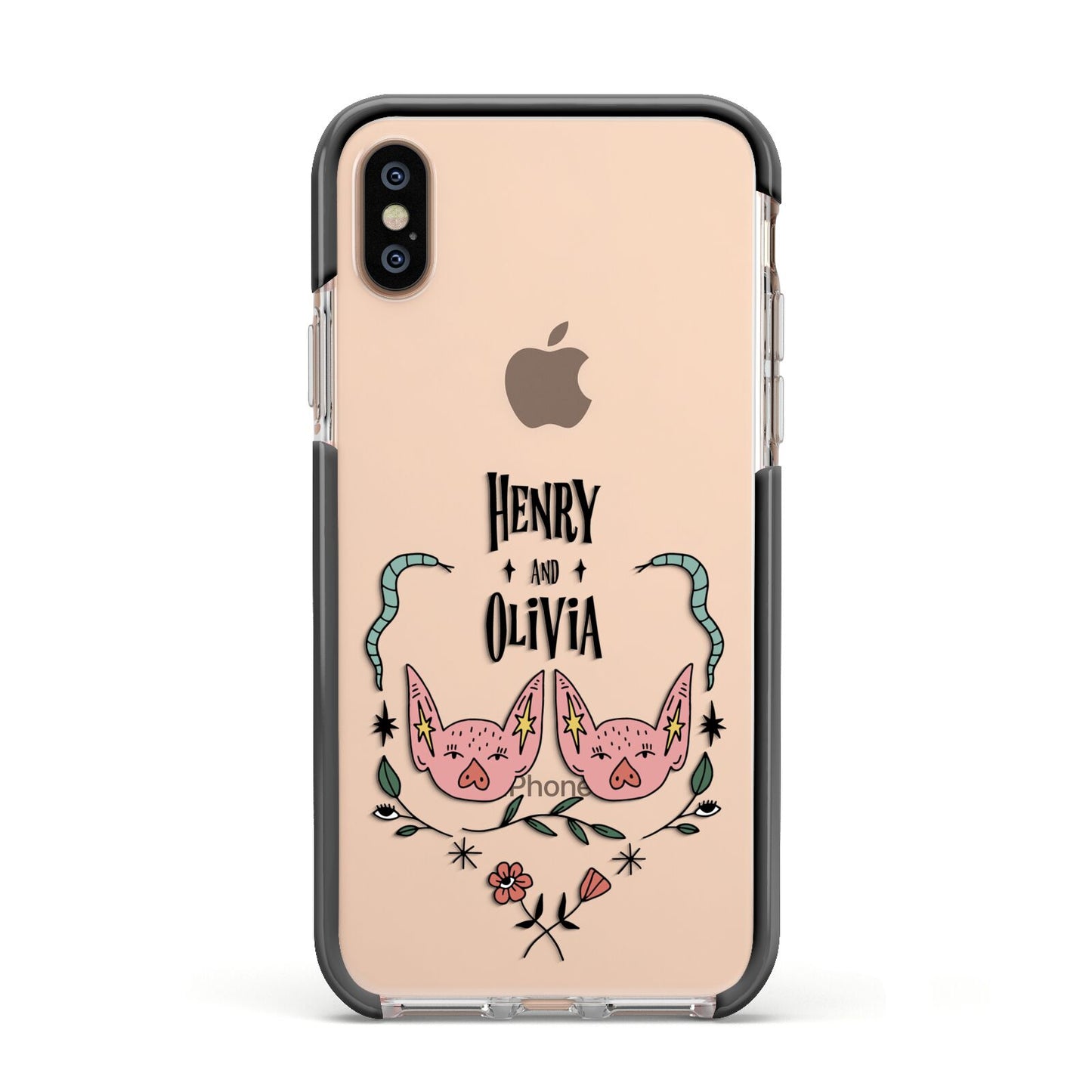 Personalised Piggies Apple iPhone Xs Impact Case Black Edge on Gold Phone