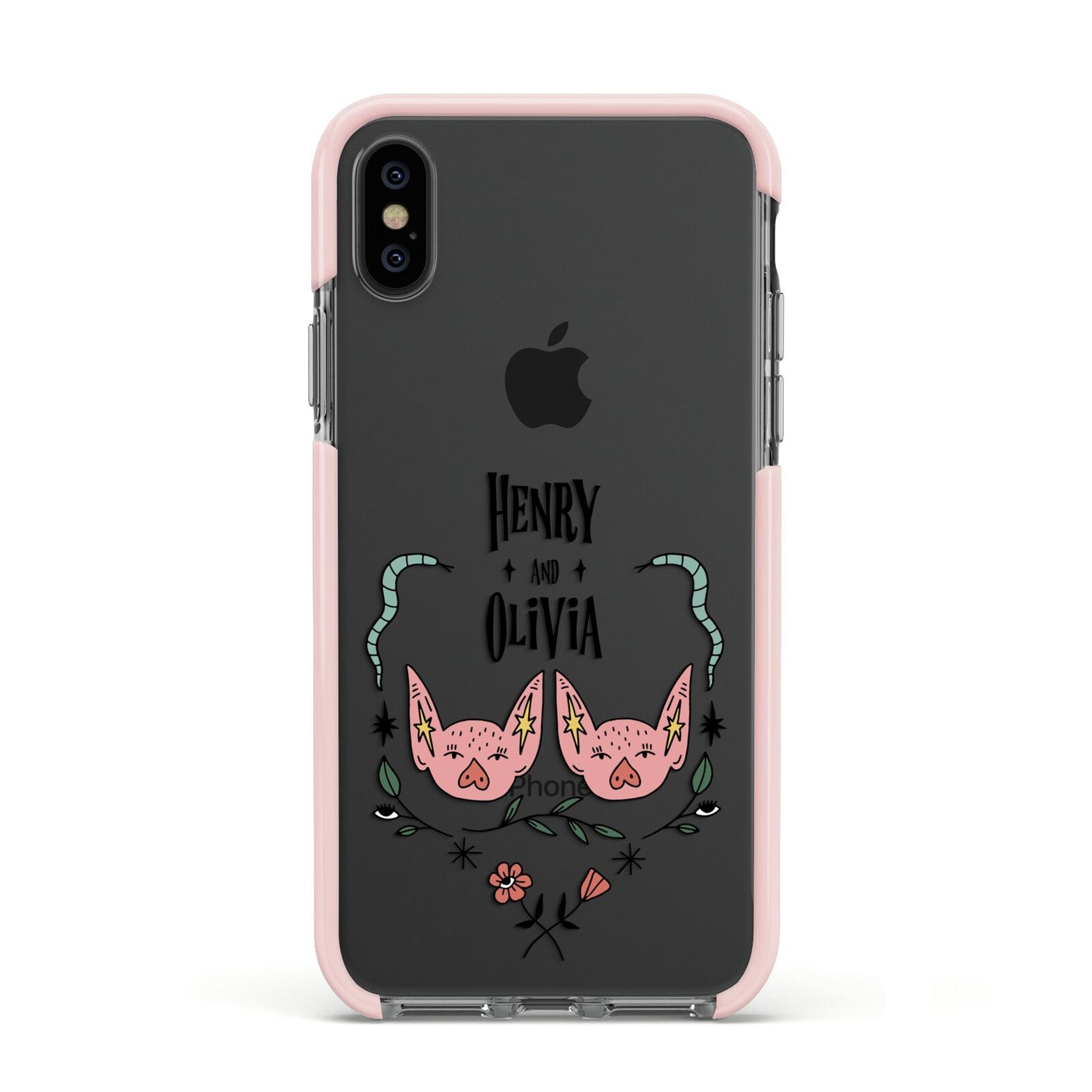 Personalised Piggies Apple iPhone Xs Impact Case Pink Edge on Black Phone