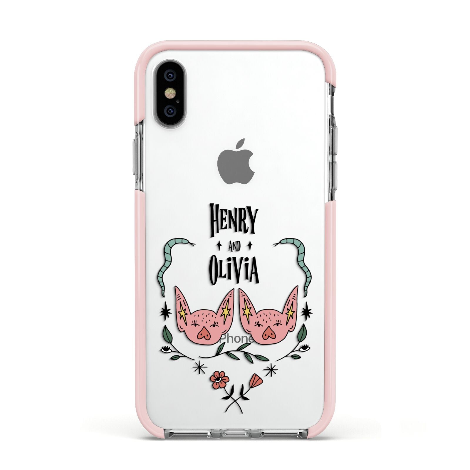 Personalised Piggies Apple iPhone Xs Impact Case Pink Edge on Silver Phone