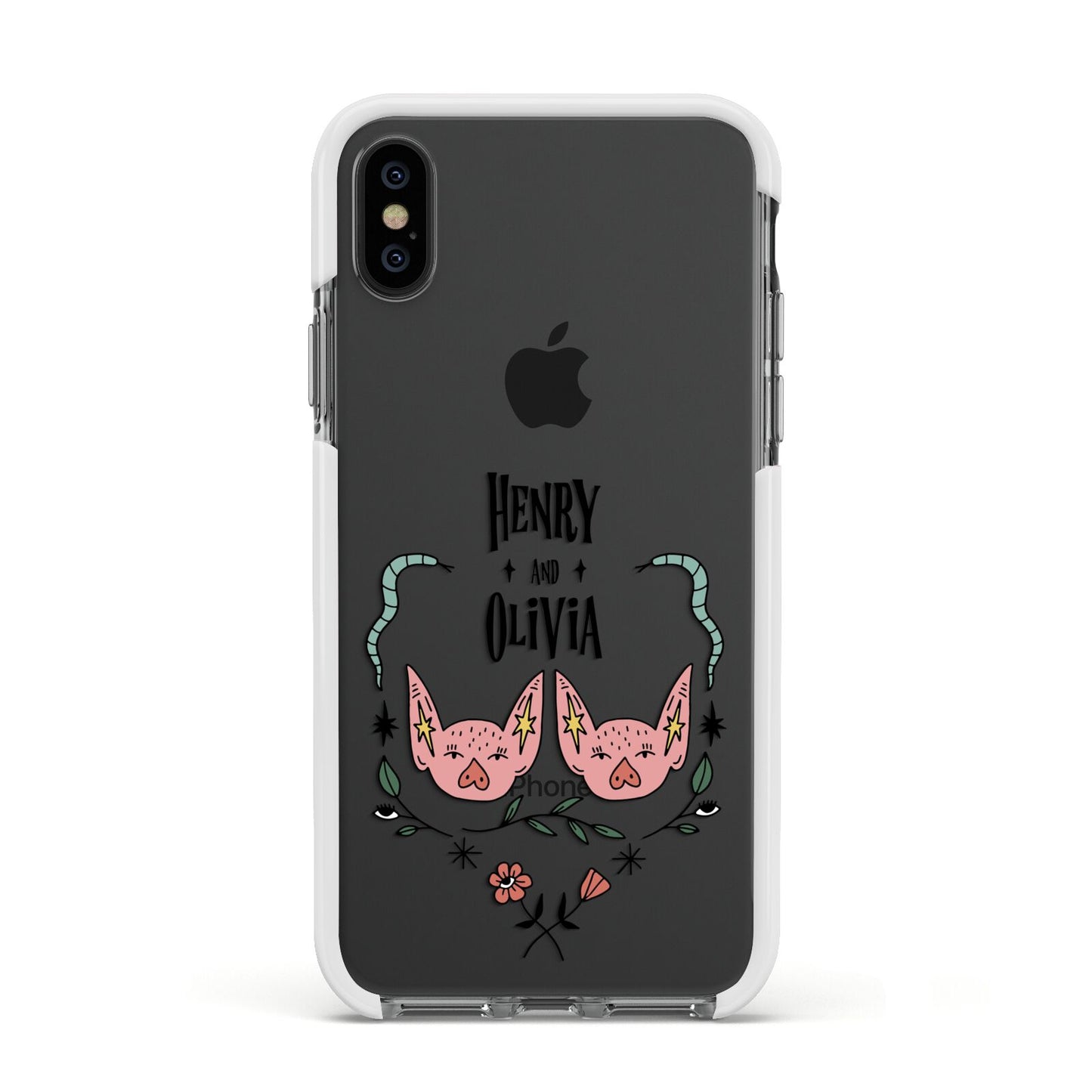 Personalised Piggies Apple iPhone Xs Impact Case White Edge on Black Phone
