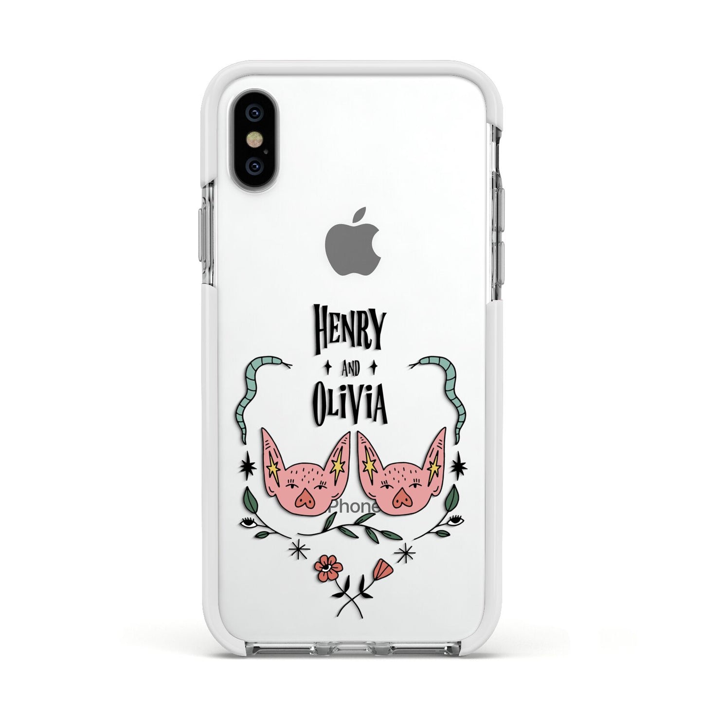 Personalised Piggies Apple iPhone Xs Impact Case White Edge on Silver Phone