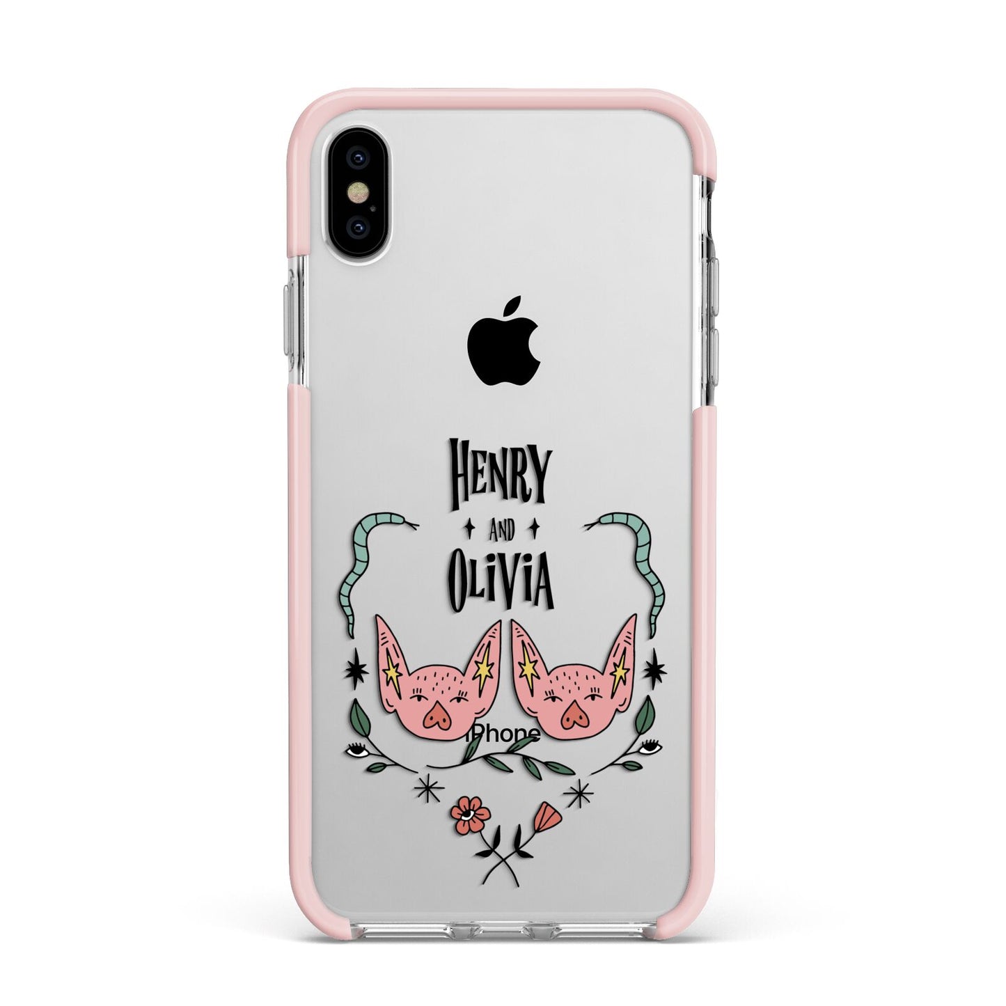 Personalised Piggies Apple iPhone Xs Max Impact Case Pink Edge on Silver Phone