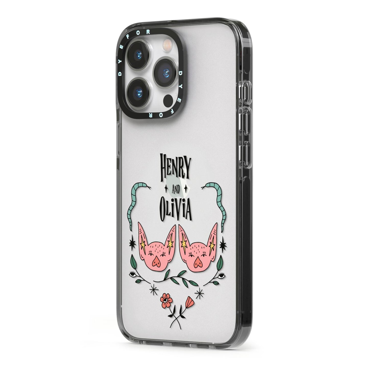 Personalised Piggies iPhone 13 Pro Black Impact Case Side Angle on Silver phone