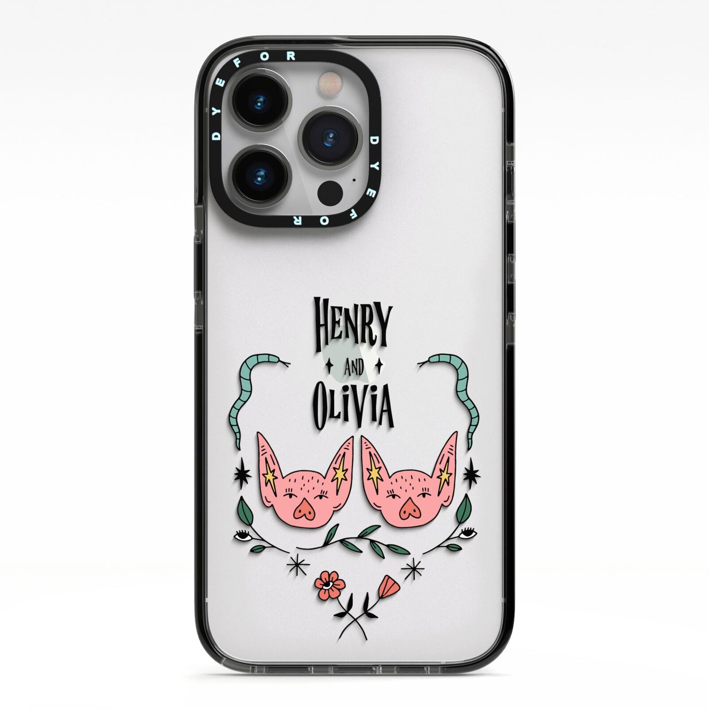 Personalised Piggies iPhone 13 Pro Black Impact Case on Silver phone