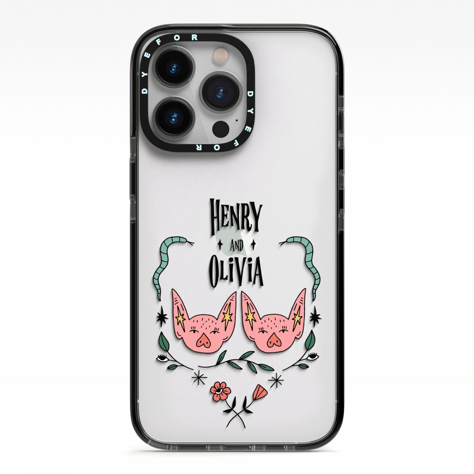 Personalised Piggies iPhone 13 Pro Black Impact Case on Silver phone