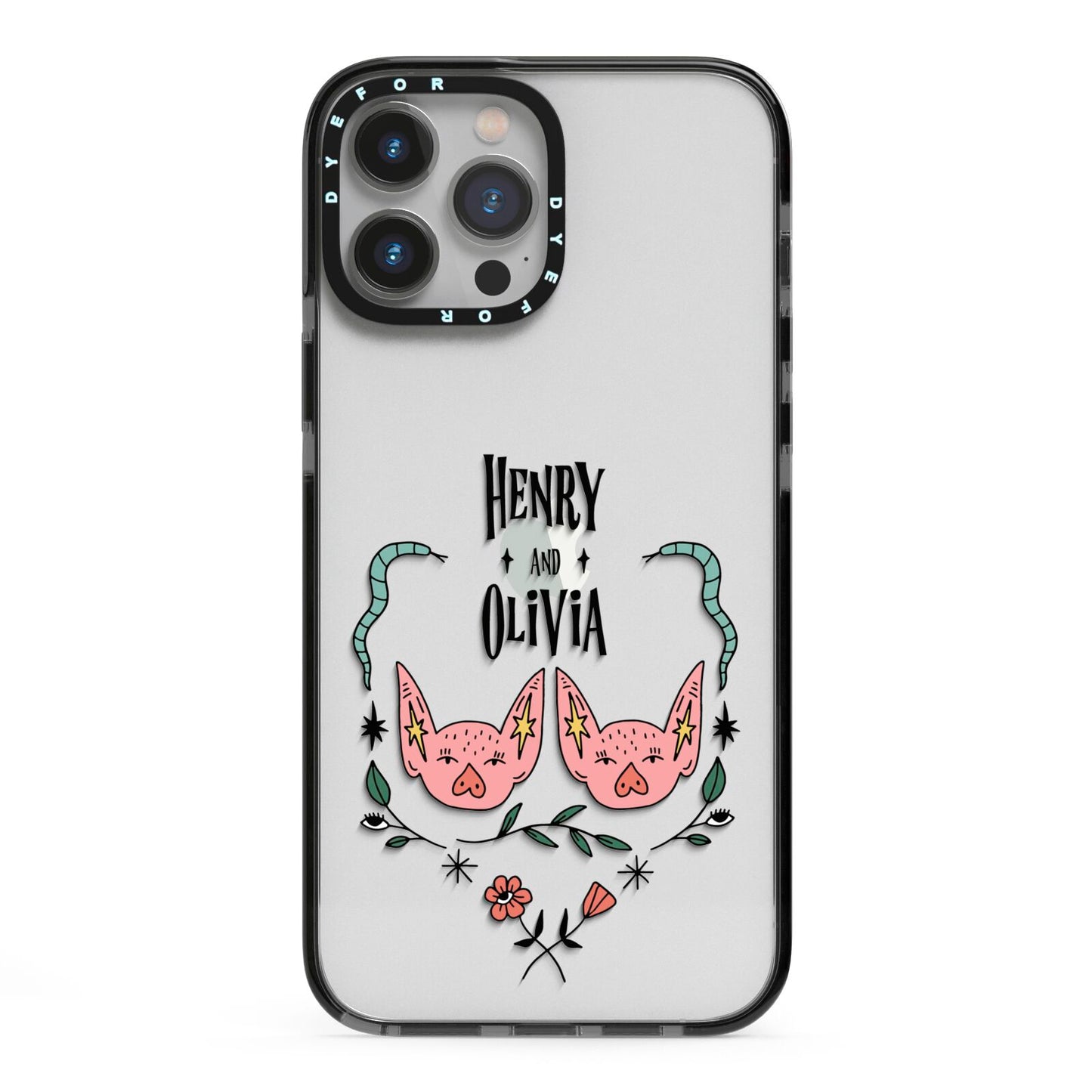 Personalised Piggies iPhone 13 Pro Max Black Impact Case on Silver phone