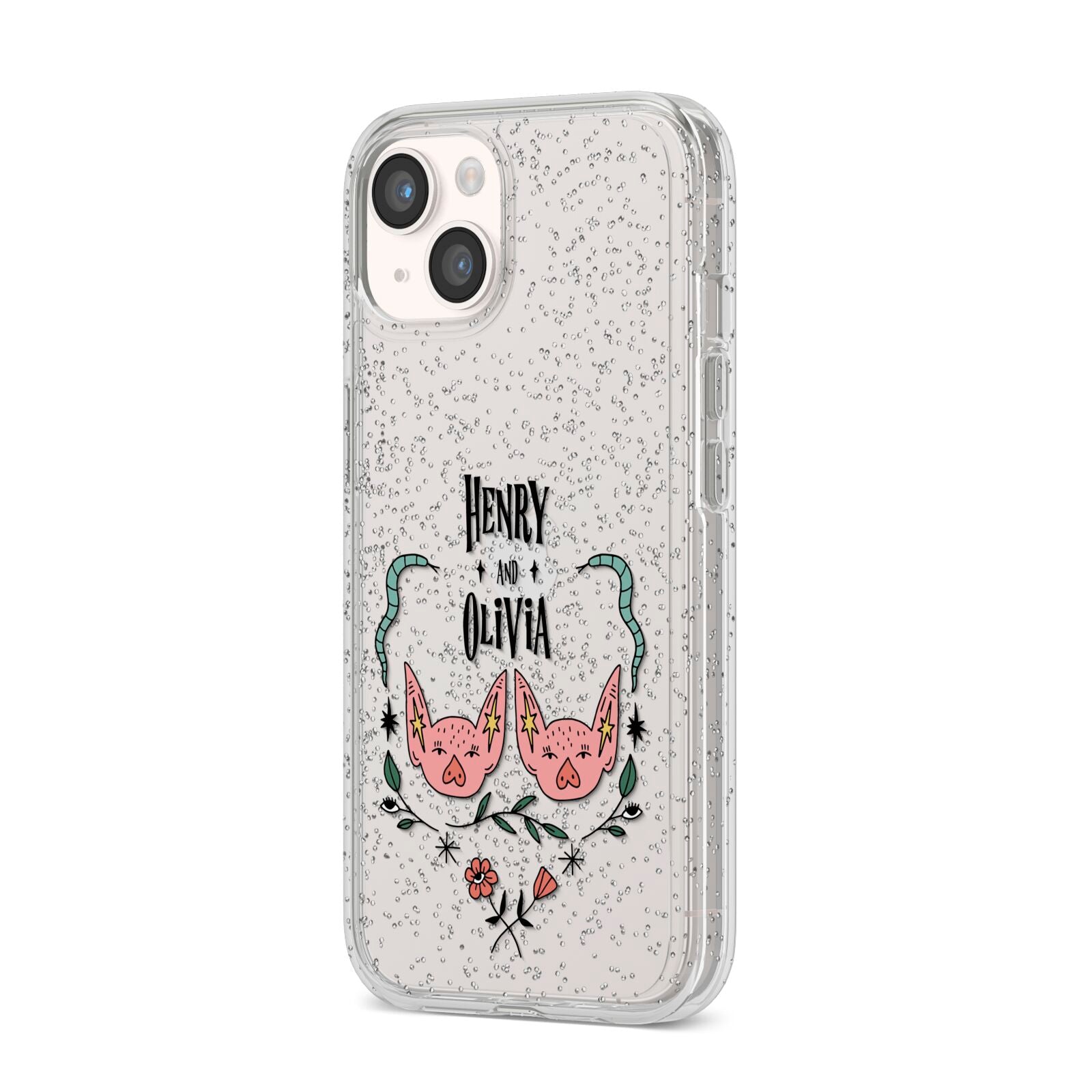 Personalised Piggies iPhone 14 Glitter Tough Case Starlight Angled Image