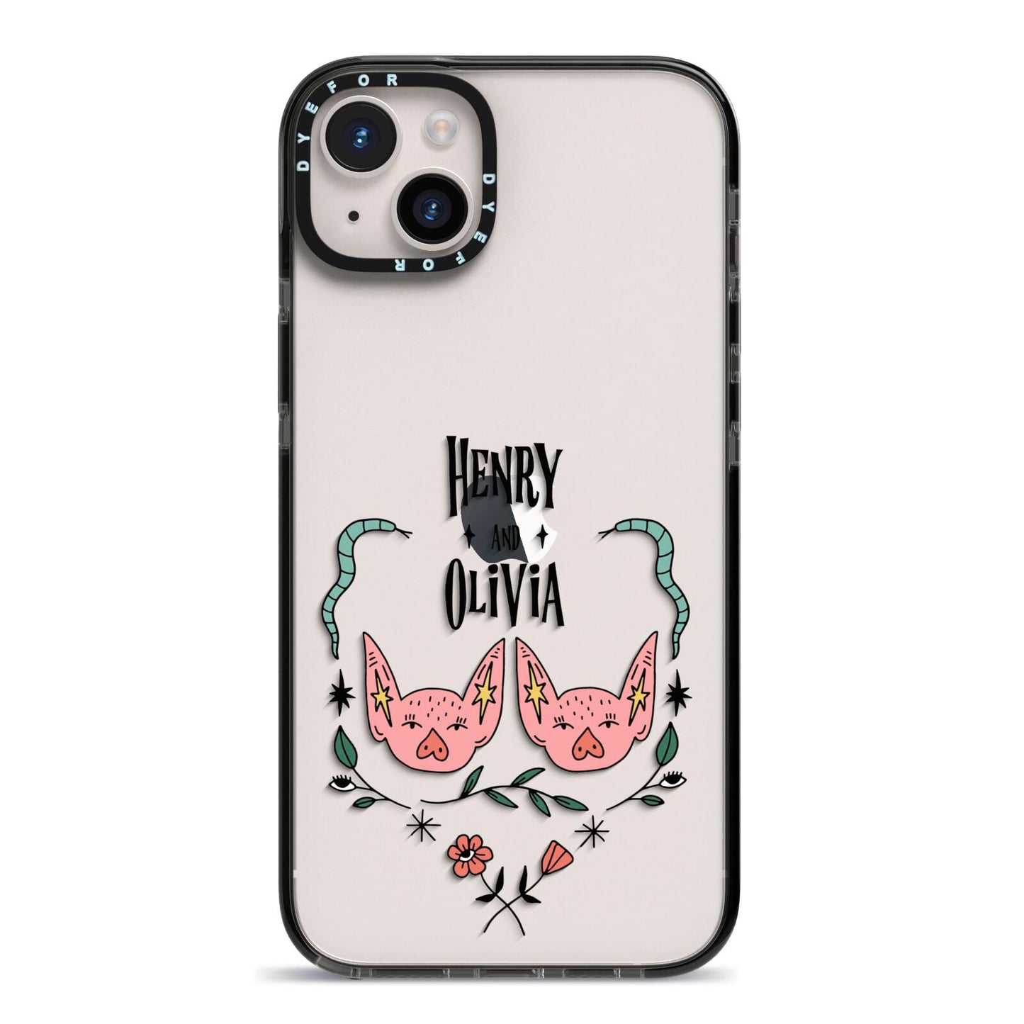 Personalised Piggies iPhone 14 Plus Black Impact Case on Silver phone