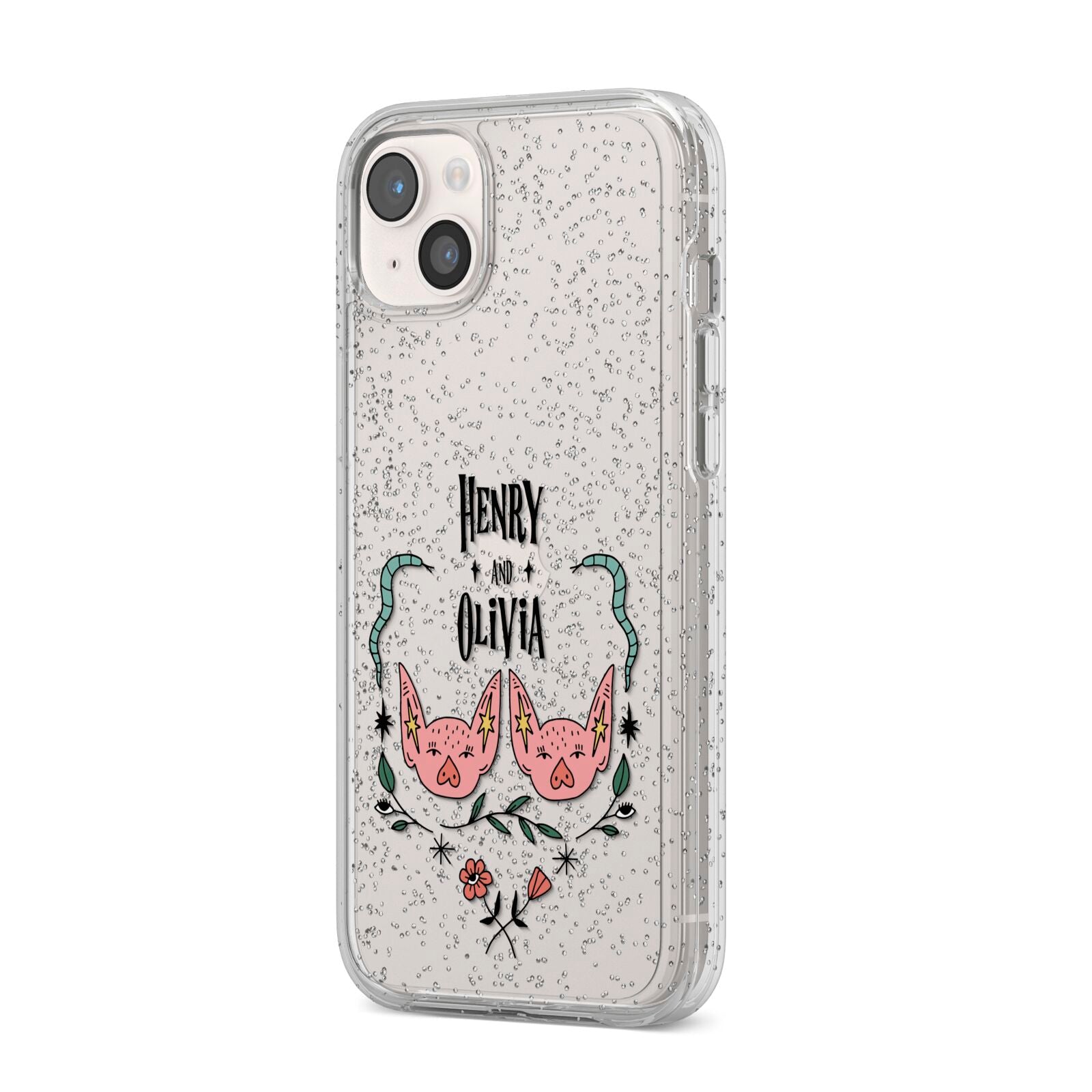 Personalised Piggies iPhone 14 Plus Glitter Tough Case Starlight Angled Image