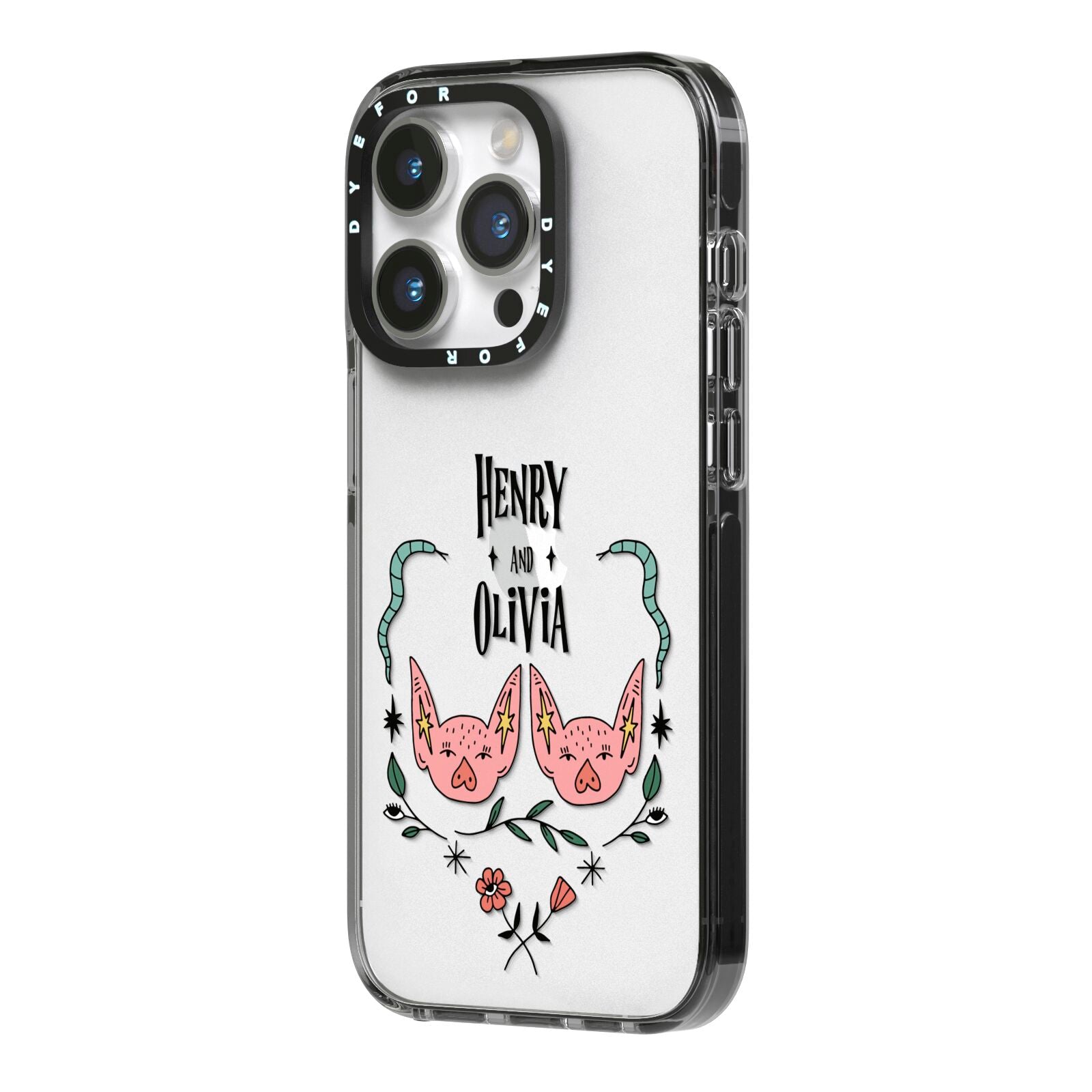 Personalised Piggies iPhone 14 Pro Black Impact Case Side Angle on Silver phone