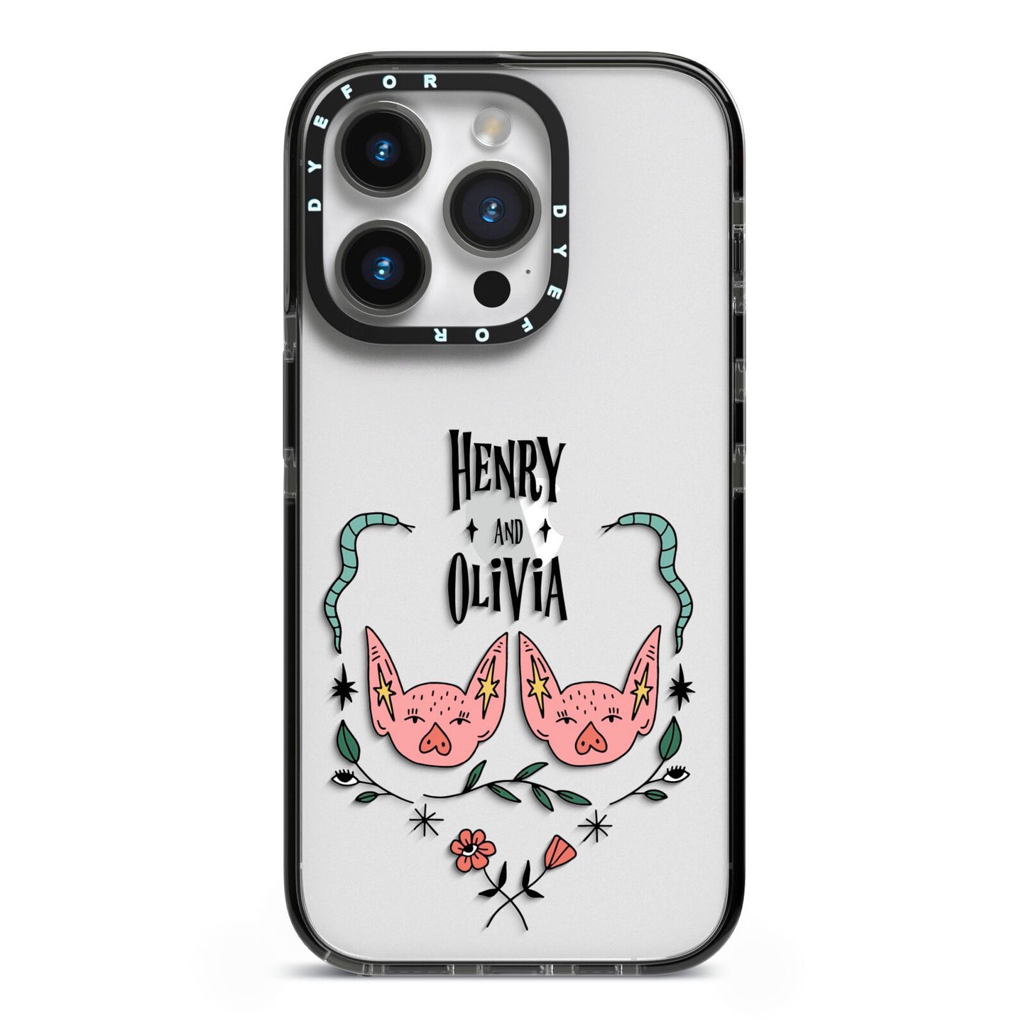 Personalised Piggies iPhone 14 Pro Black Impact Case on Silver phone