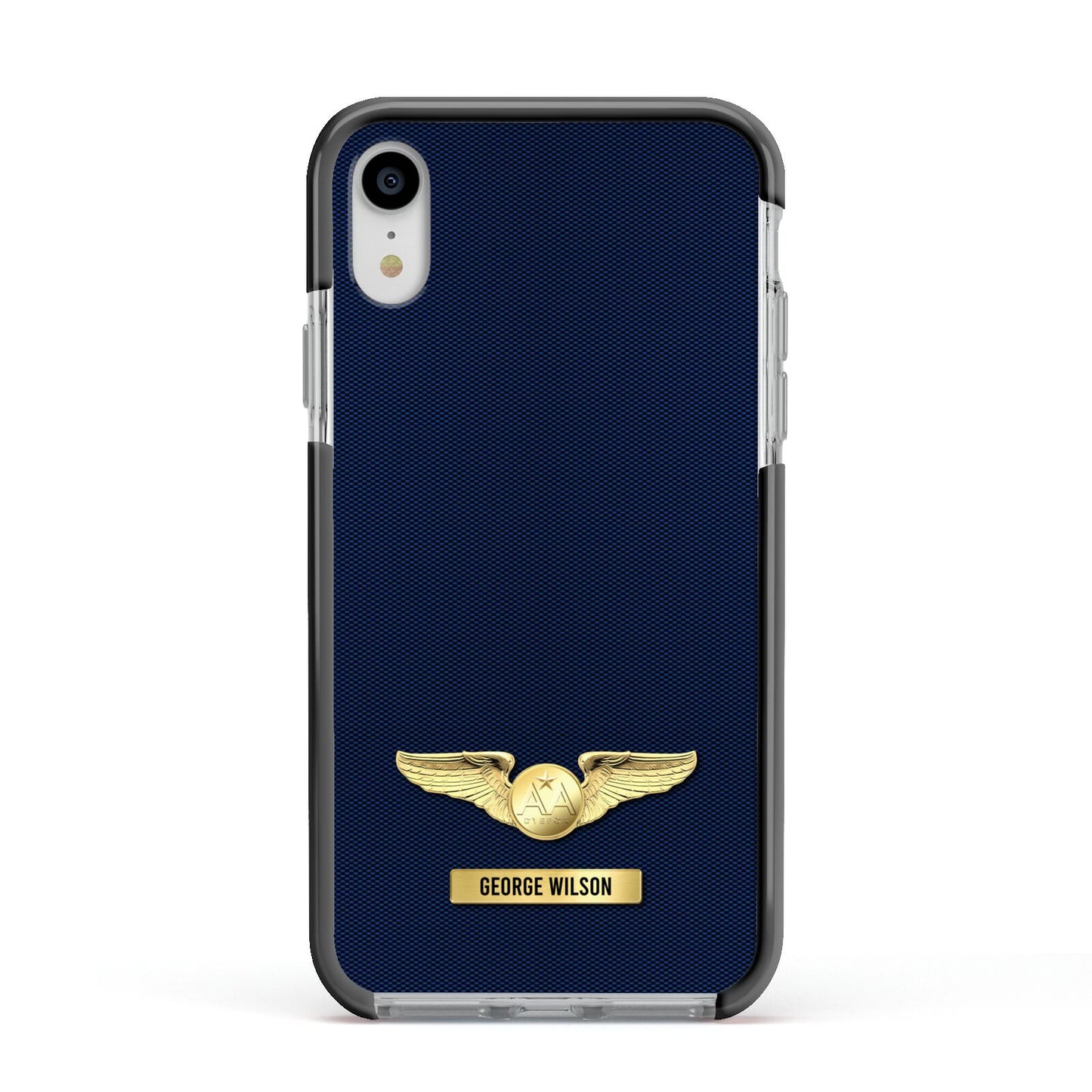 Personalised Pilot Wings Apple iPhone XR Impact Case Black Edge on Silver Phone