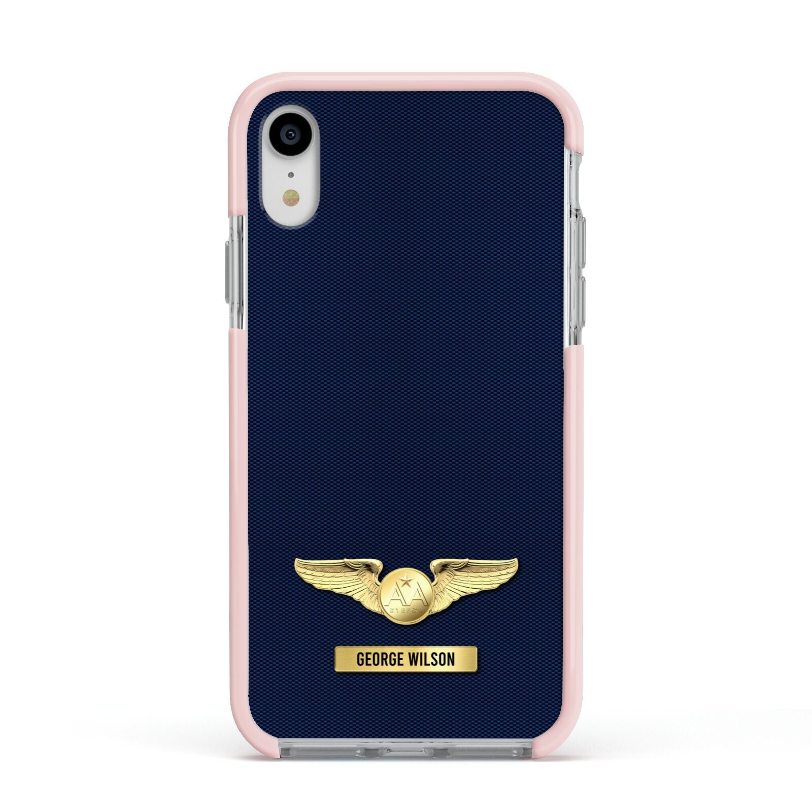 Personalised Pilot Wings Apple iPhone XR Impact Case Pink Edge on Silver Phone