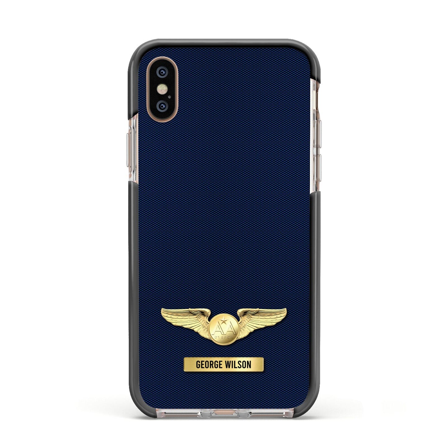 Personalised Pilot Wings Apple iPhone Xs Impact Case Black Edge on Gold Phone
