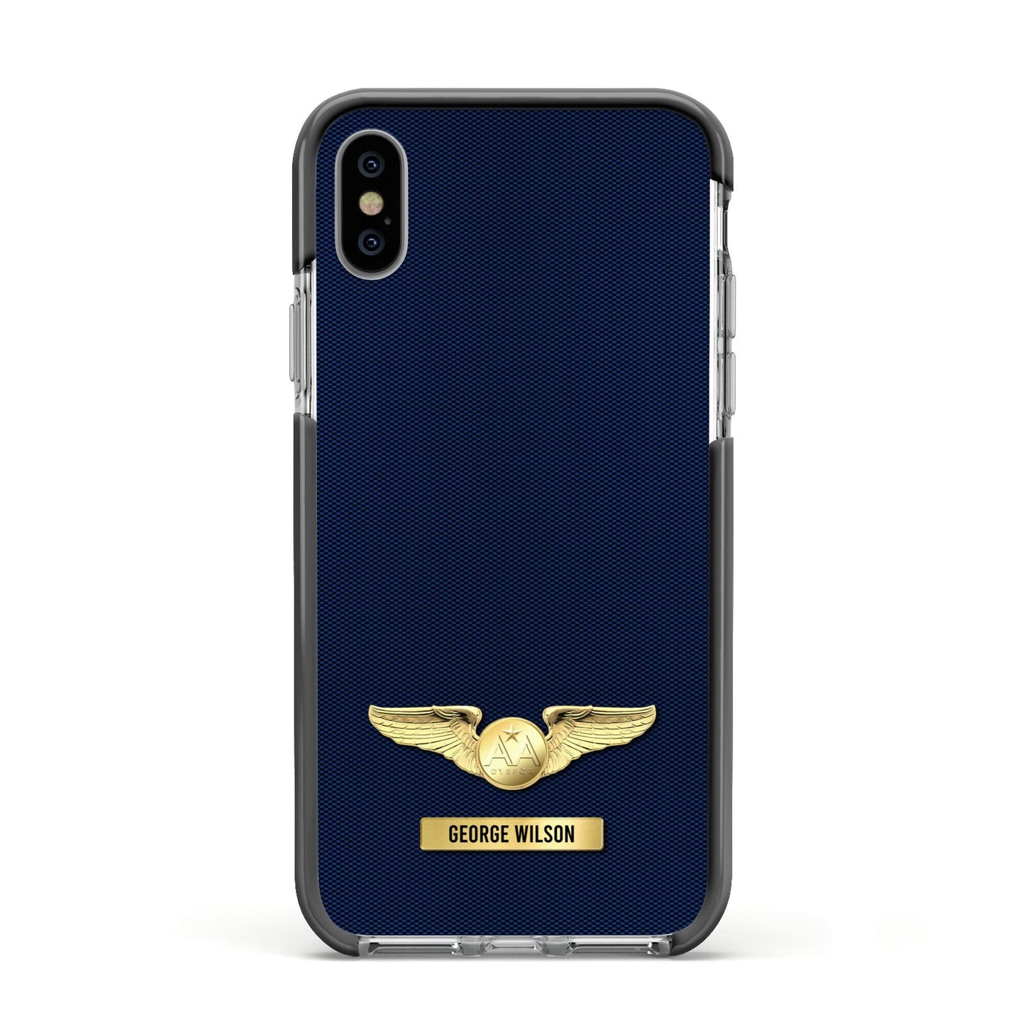 Personalised Pilot Wings Apple iPhone Xs Impact Case Black Edge on Silver Phone