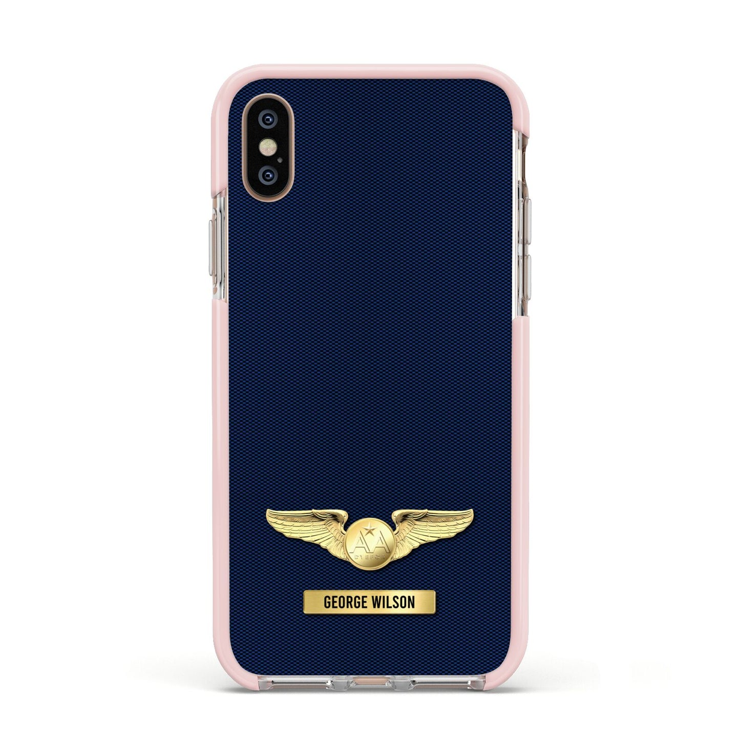 Personalised Pilot Wings Apple iPhone Xs Impact Case Pink Edge on Gold Phone
