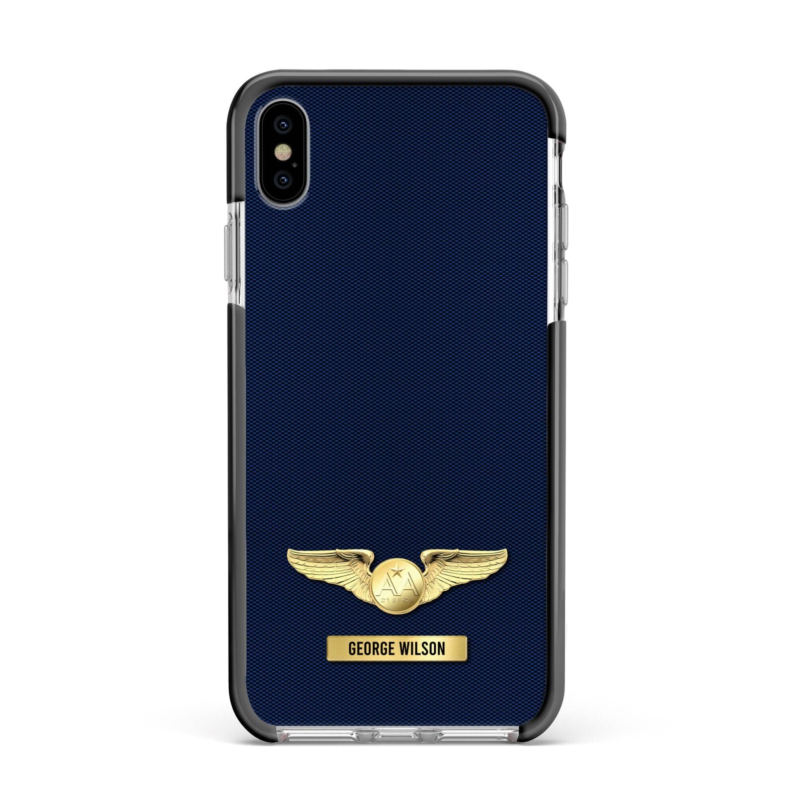 Personalised Pilot Wings Apple iPhone Xs Max Impact Case Black Edge on Silver Phone
