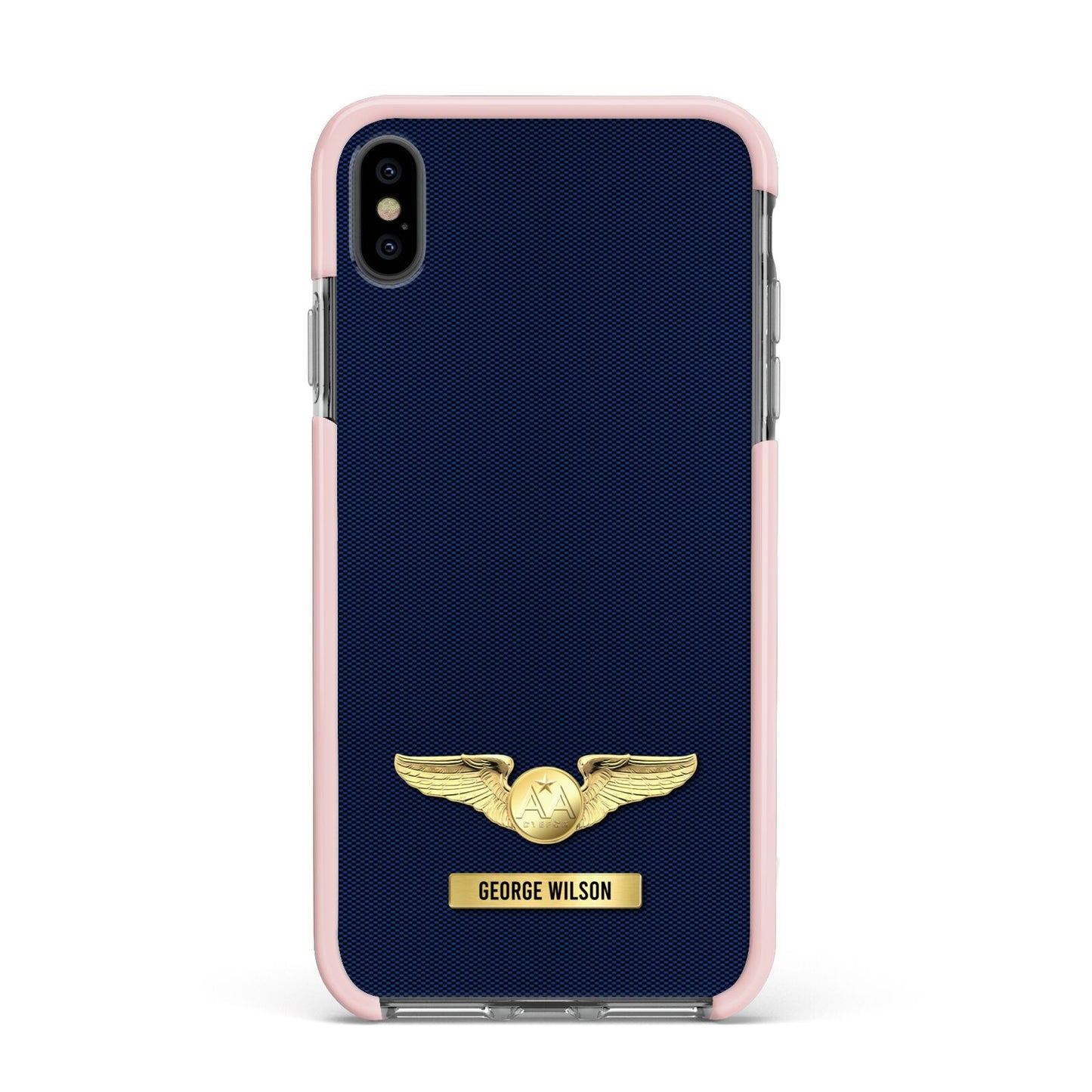 Personalised Pilot Wings Apple iPhone Xs Max Impact Case Pink Edge on Black Phone