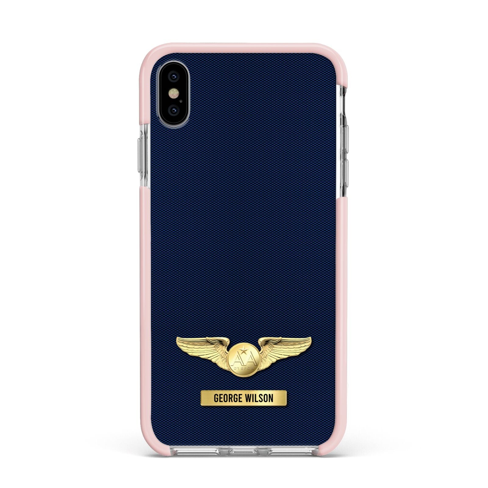Personalised Pilot Wings Apple iPhone Xs Max Impact Case Pink Edge on Silver Phone