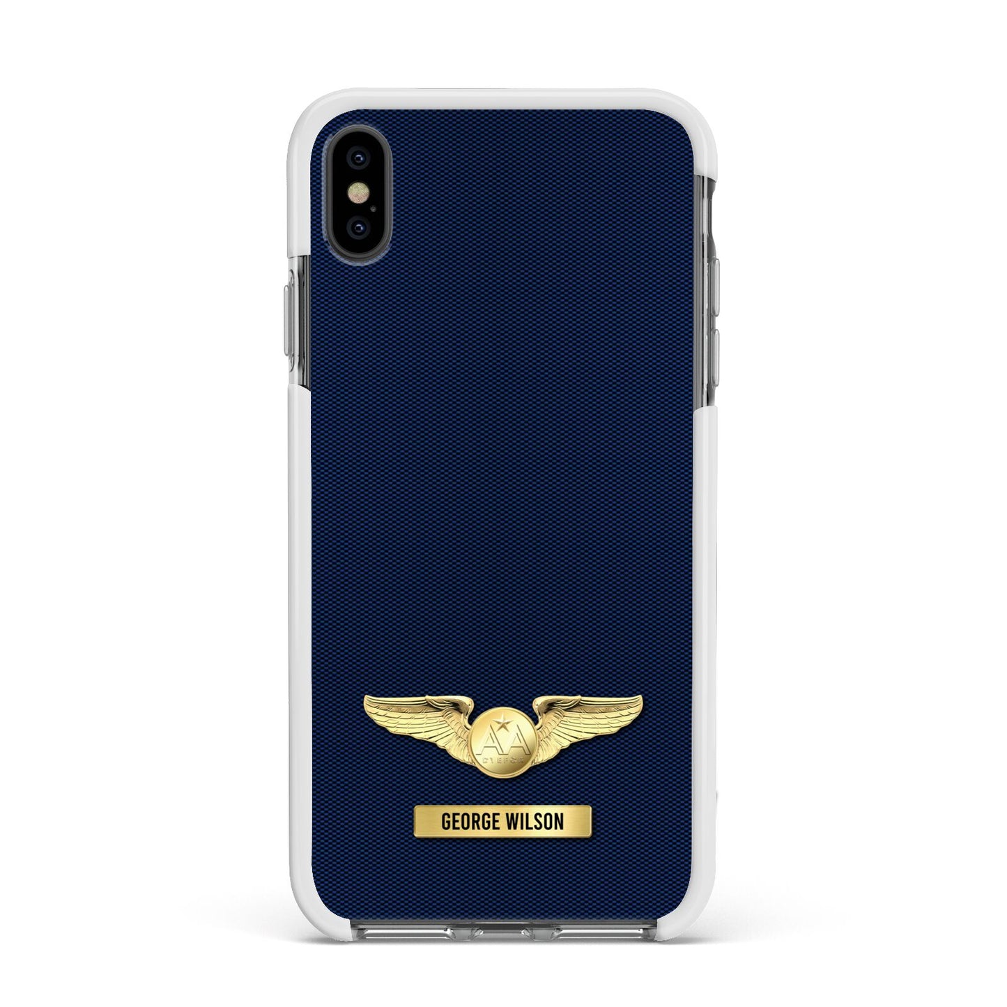 Personalised Pilot Wings Apple iPhone Xs Max Impact Case White Edge on Black Phone