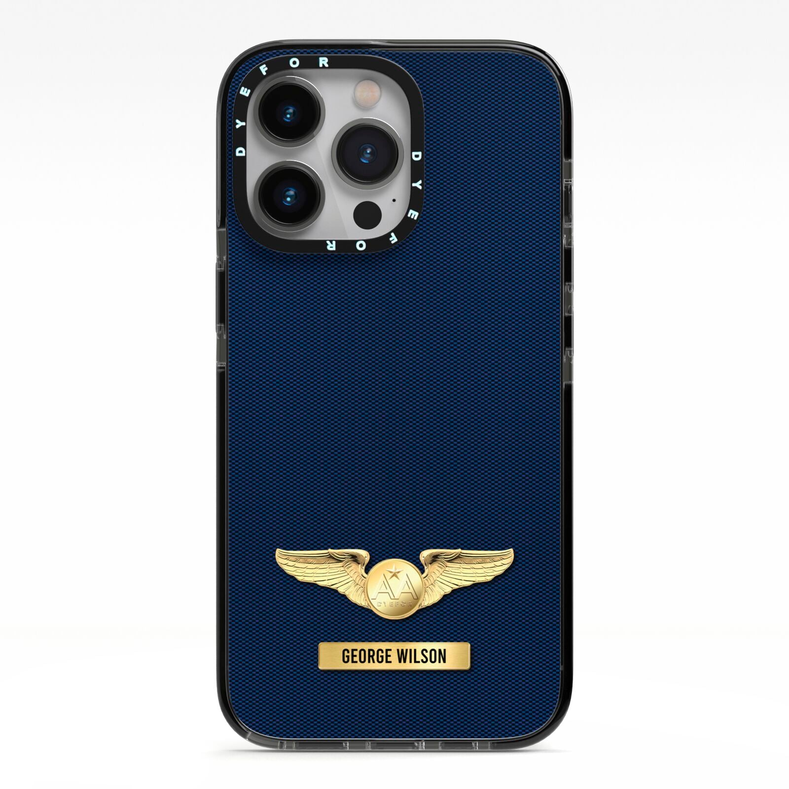 Personalised Pilot Wings iPhone 13 Pro Black Impact Case on Silver phone