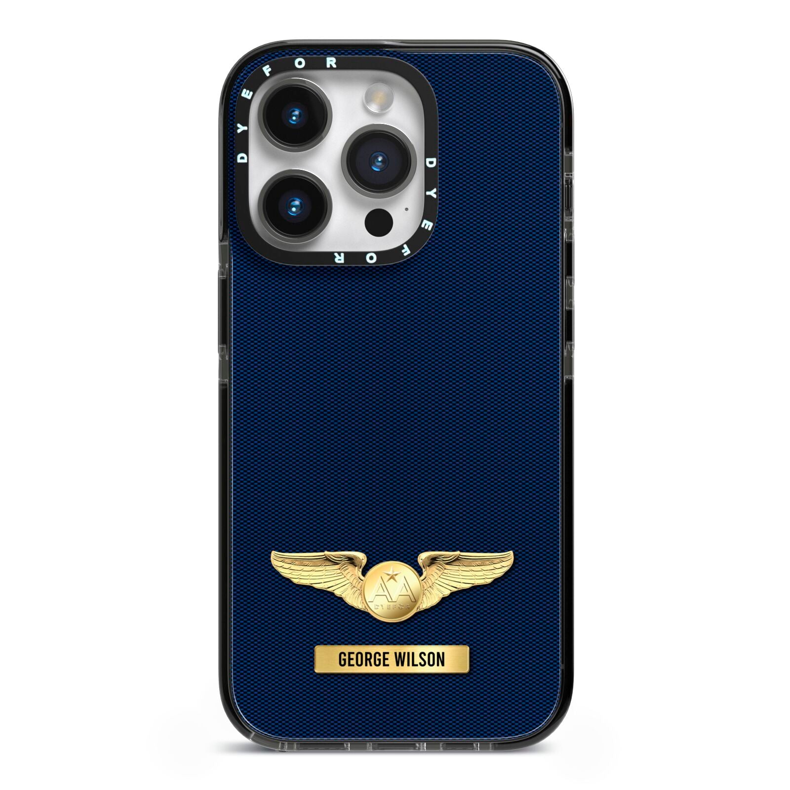 Personalised Pilot Wings iPhone 14 Pro Black Impact Case on Silver phone