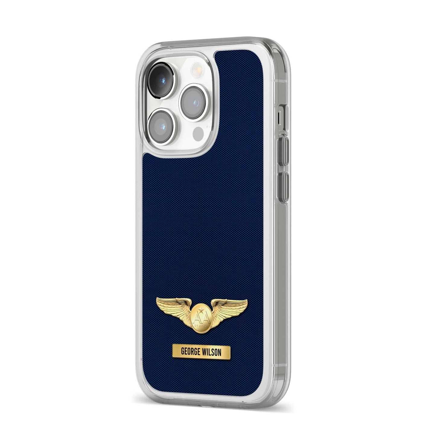 Personalised Pilot Wings iPhone 14 Pro Clear Tough Case Silver Angled Image