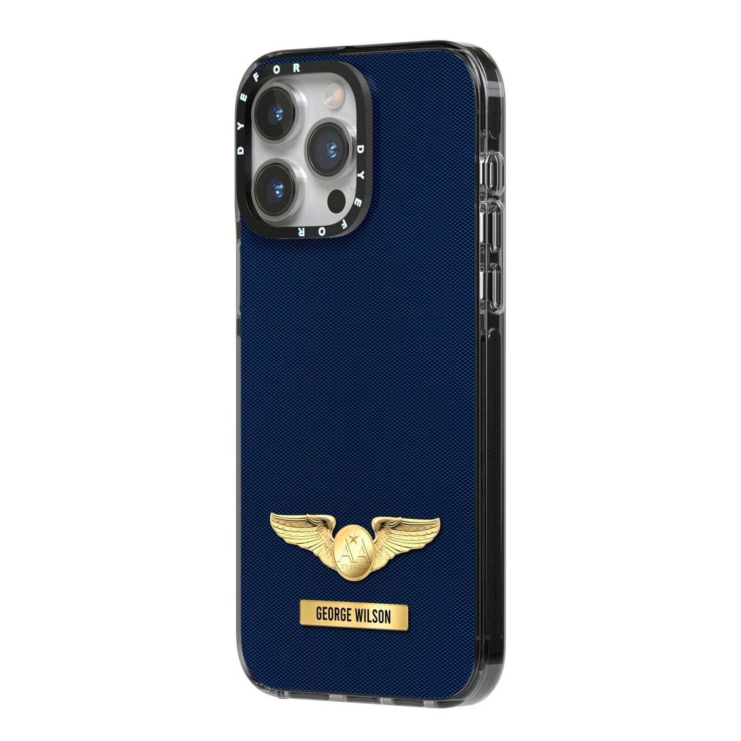 Personalised Pilot Wings iPhone 14 Pro Max Black Impact Case Side Angle on Silver phone
