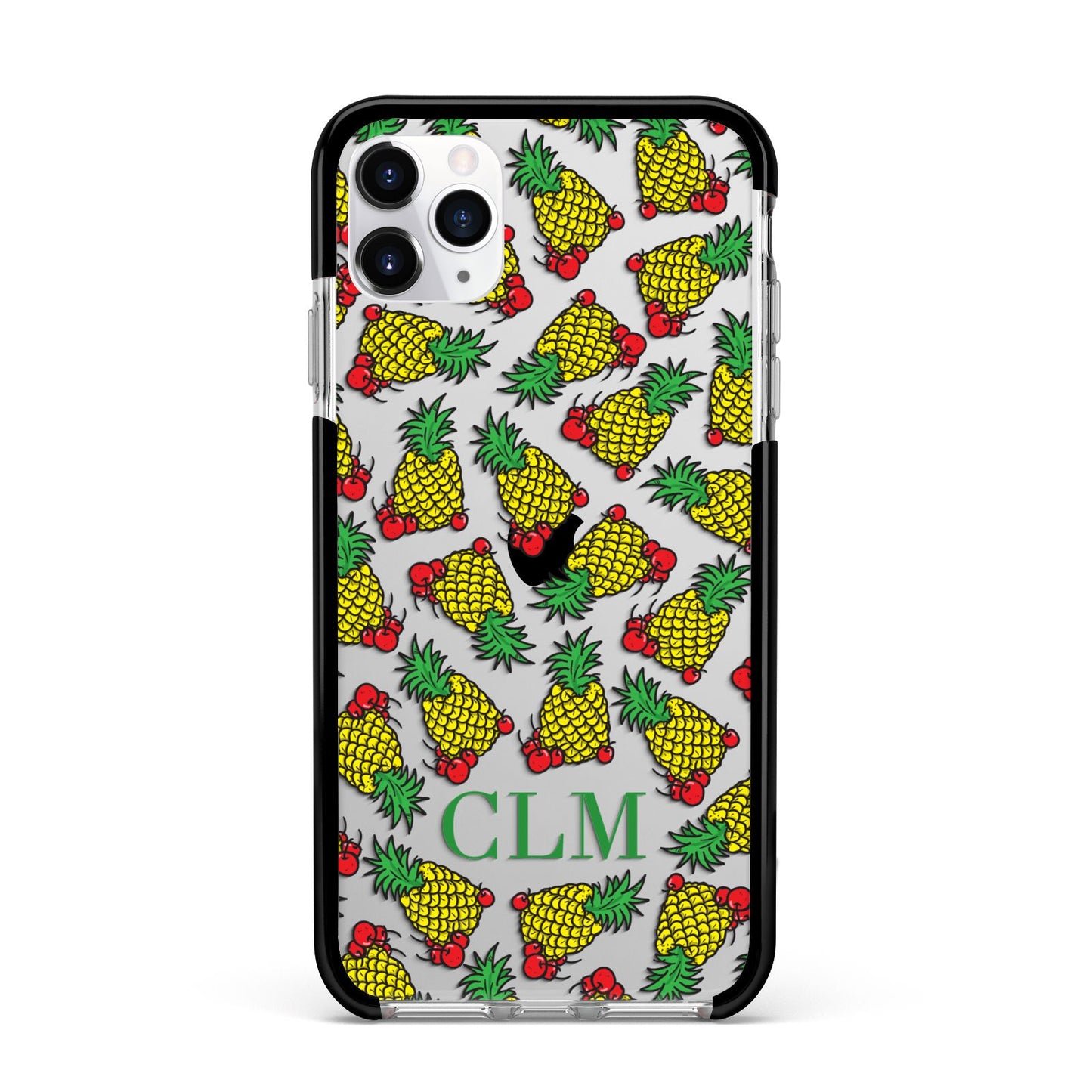 Personalised Pineapple Initials Clear Apple iPhone 11 Pro Max in Silver with Black Impact Case