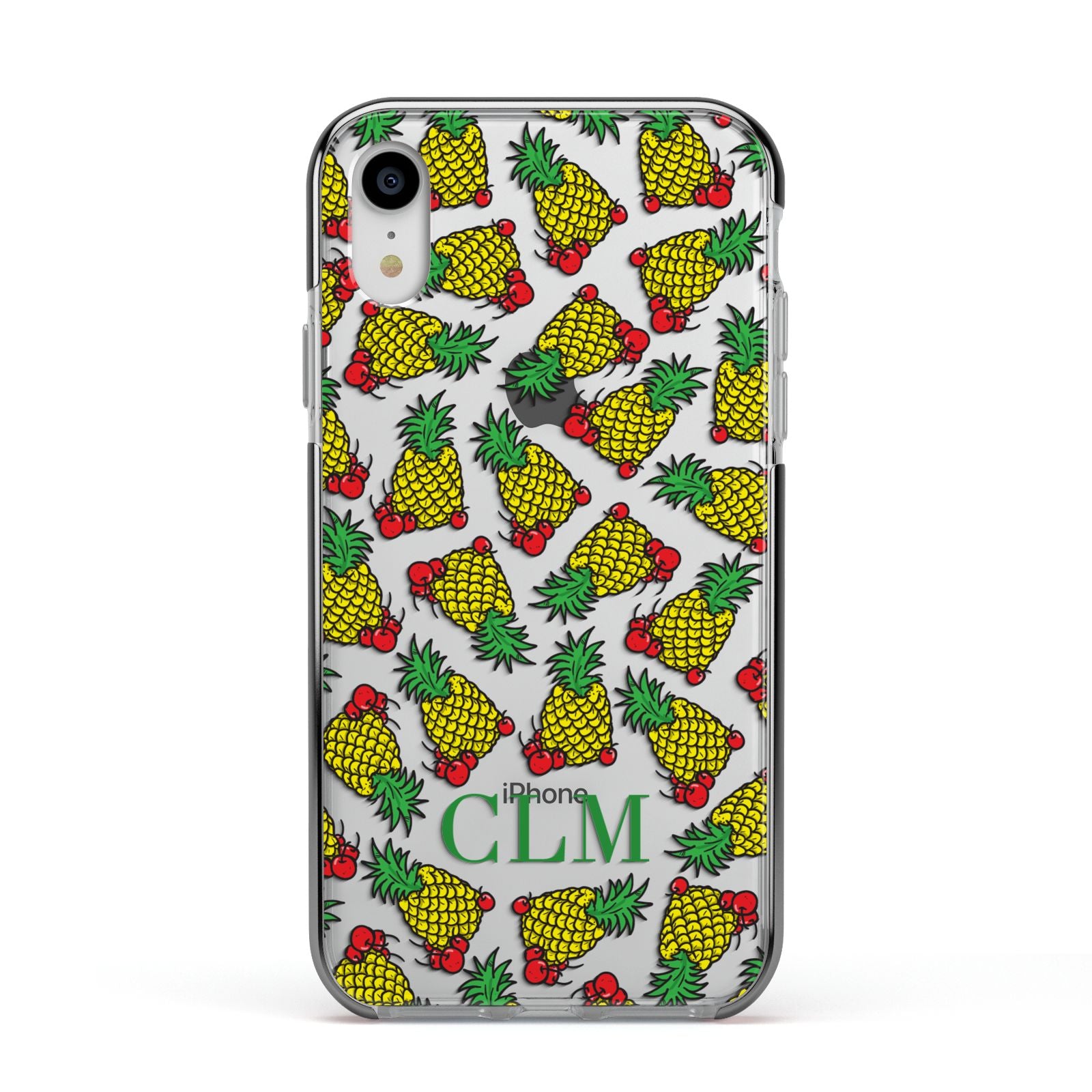 Personalised Pineapple Initials Clear Apple iPhone XR Impact Case Black Edge on Silver Phone