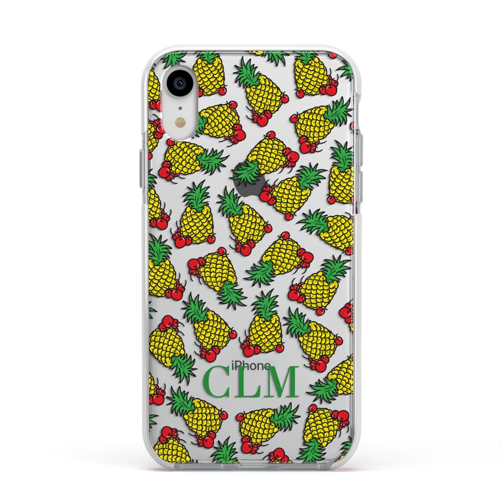 Personalised Pineapple Initials Clear Apple iPhone XR Impact Case White Edge on Silver Phone