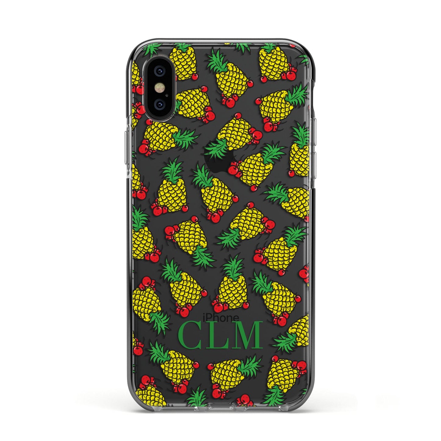 Personalised Pineapple Initials Clear Apple iPhone Xs Impact Case Black Edge on Black Phone