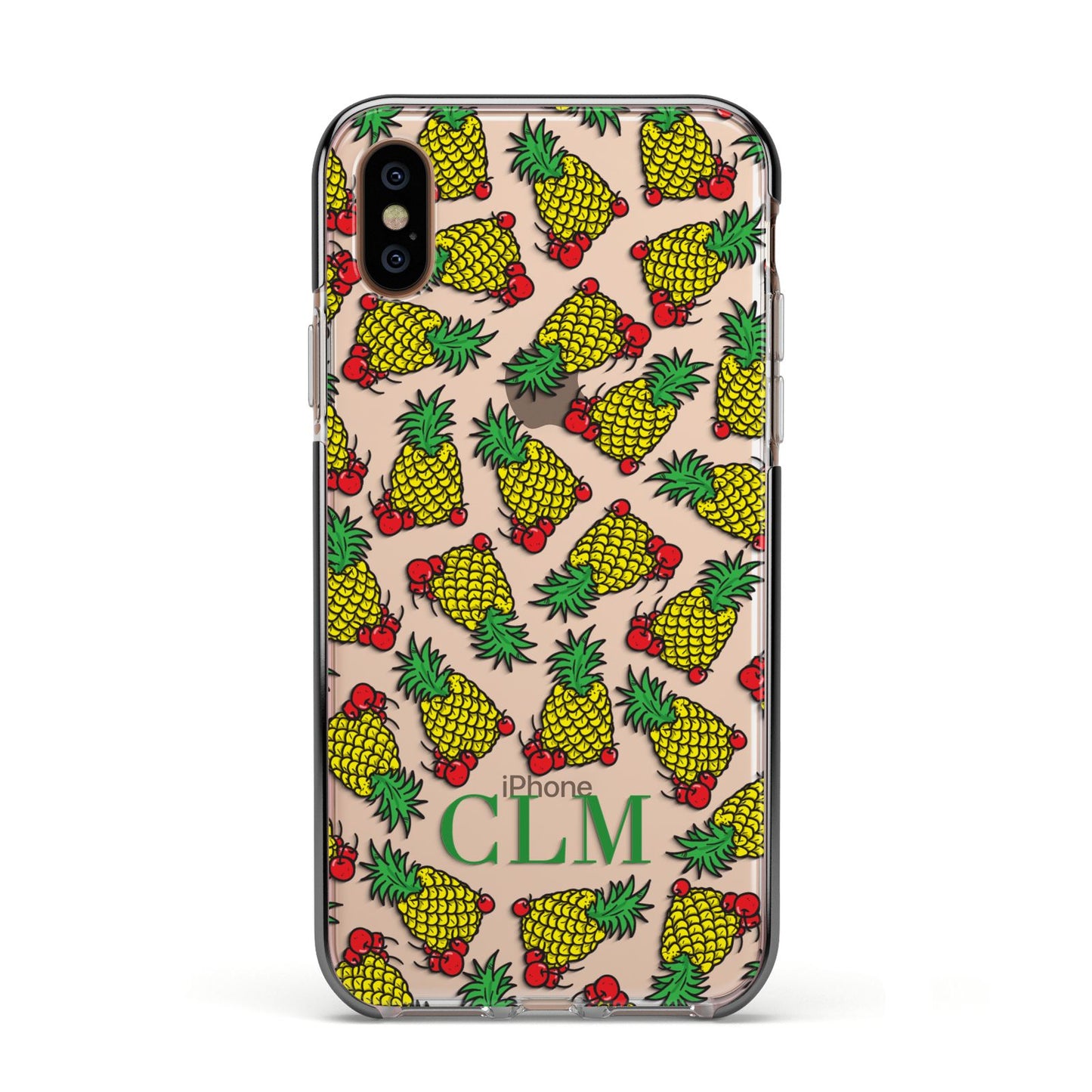 Personalised Pineapple Initials Clear Apple iPhone Xs Impact Case Black Edge on Gold Phone