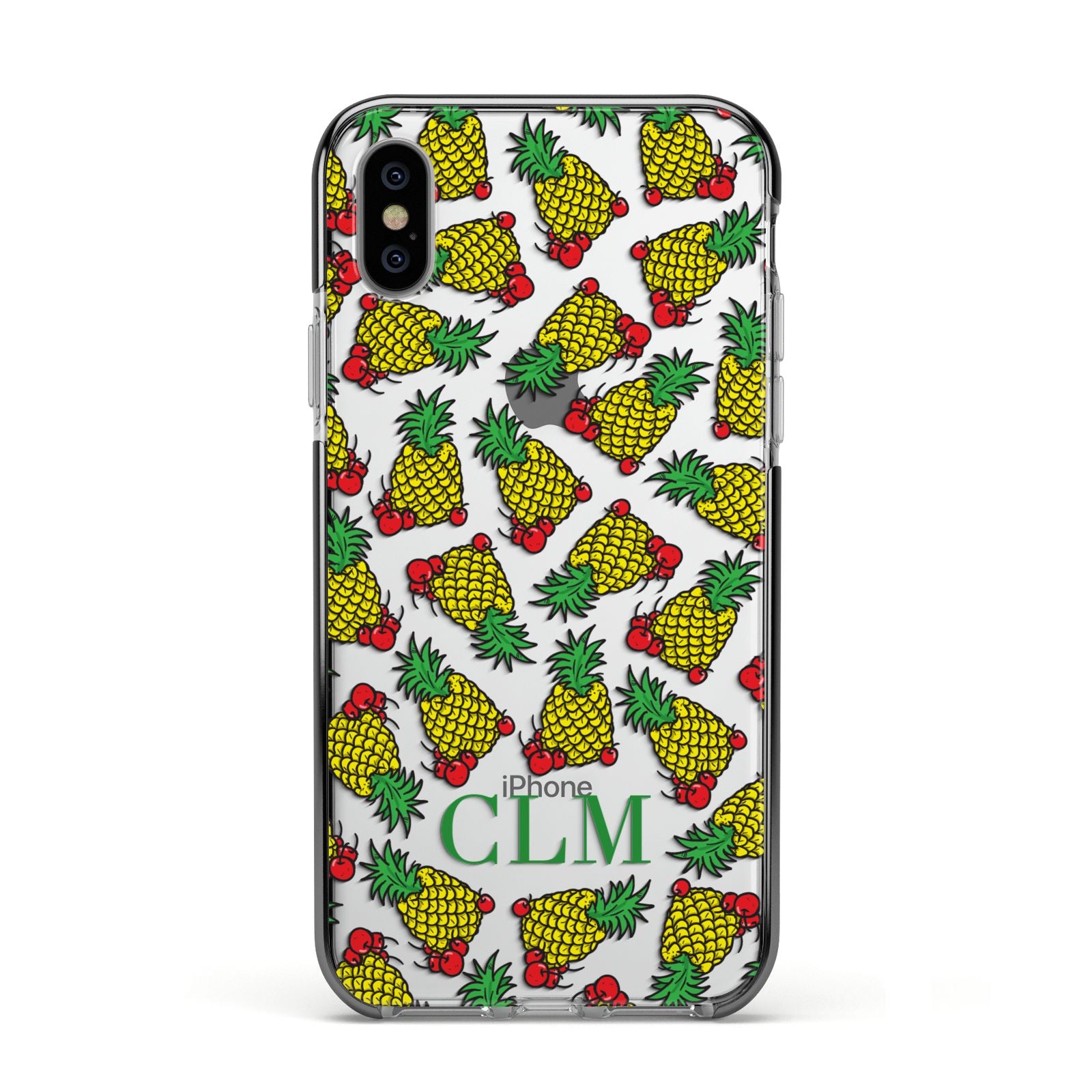 Personalised Pineapple Initials Clear Apple iPhone Xs Impact Case Black Edge on Silver Phone